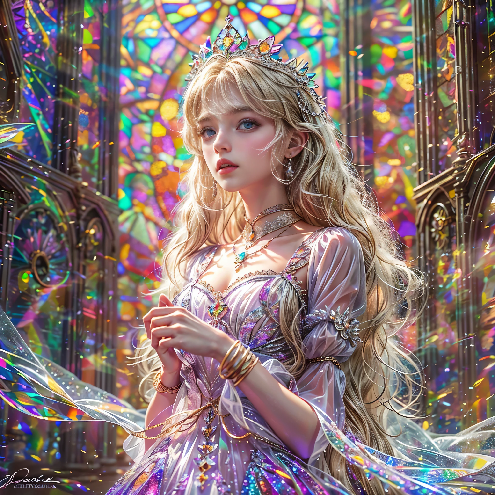  (Cathedral from below:1.28) (ZoomLayer) ((TopQuality 8K masterpiece of (Professional photo:1.37)), (((Clarisse de Cagliostro))) (Detailed White WeddingDresses), Chain, (((Extremely detailed KAWAII face))) {((VeiledFace))|BlondeHair|(Elaborate BuleEyes)with(SparklingHighlights:1.28)}, The background is distant (((Elaborate stained glass))) Rainbow Glass, {(MysticSight)|EnchantingAtmosphere|Haze|(GodRays)|TyndallEffect}, Radiant PearlSkin with Transparency, (Exposed:0.77)