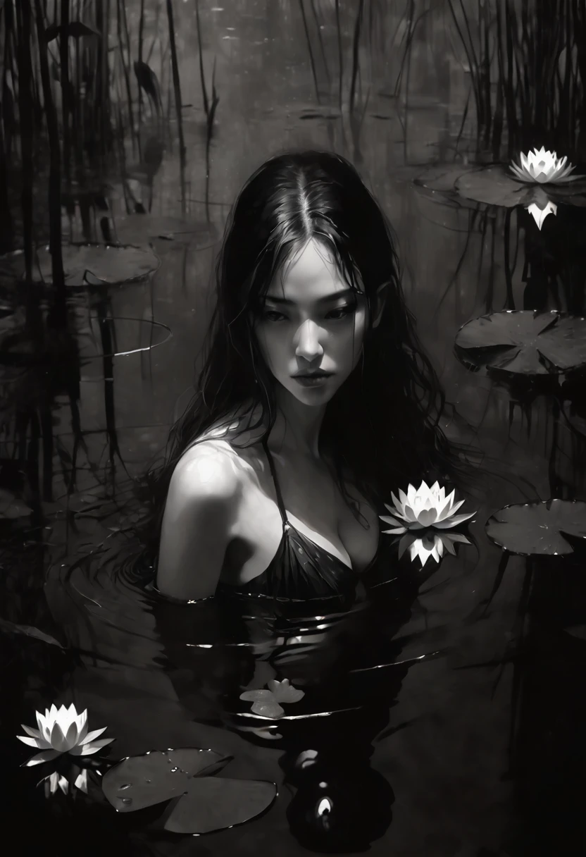 eroticism, sexy, black and white image, between shadows,in the water of a dark swamp with water lilies, oil painting, dramatic lighting, dramatic contrast, chiaroscuro, detailed face, sensual expression, elegant pose, female figure, mysterious, moody, cinematic, dark romantic, Bill Sienkiewicz inspired, dark atmosphere, powerful composition, dramatic shadows, high quality, photorealistic, masterpiece (best quality,4k,8k,highres,masterpiece:1.2),ultra-detailed,(realistic,photorealistic,photo-realistic:1.37),intricate details,,sharp focus,professional,Dave McKean artwork, oil touch of surrealism,oil painting, cleavage