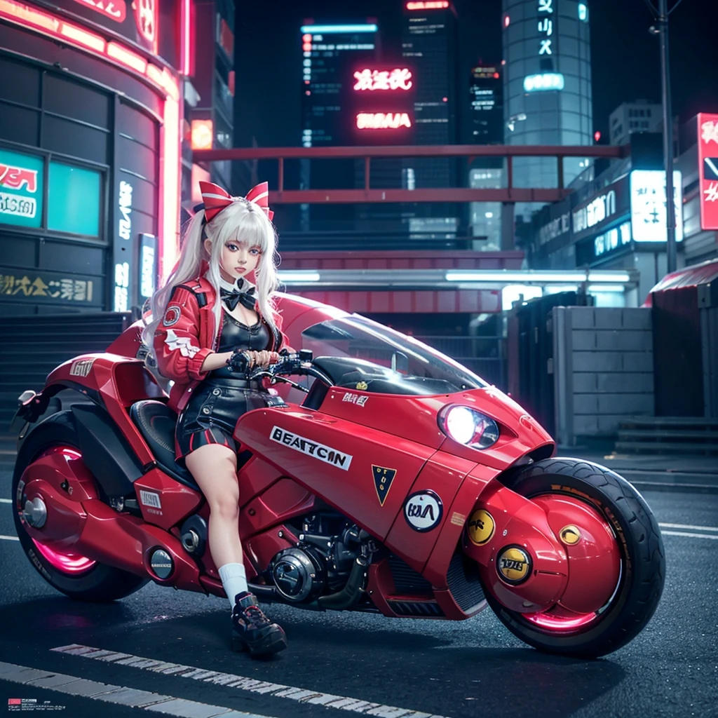 Official Art, Unity 8k Wallpapers, Ultra-detail, Beautiful and aesthetic, ​masterpiece, top-quality, realisitic, banya, red blush, length hair, white  hair, striated hair, Red Neon Eyes, Hair bow, Mole under the eyes, Red Akira Bike, Riding Bicycles, natta, Cyberpunk City View, Spectacular screen, Uniforms,neon color，Rin々Nice ，Cute ，bow ribbon，