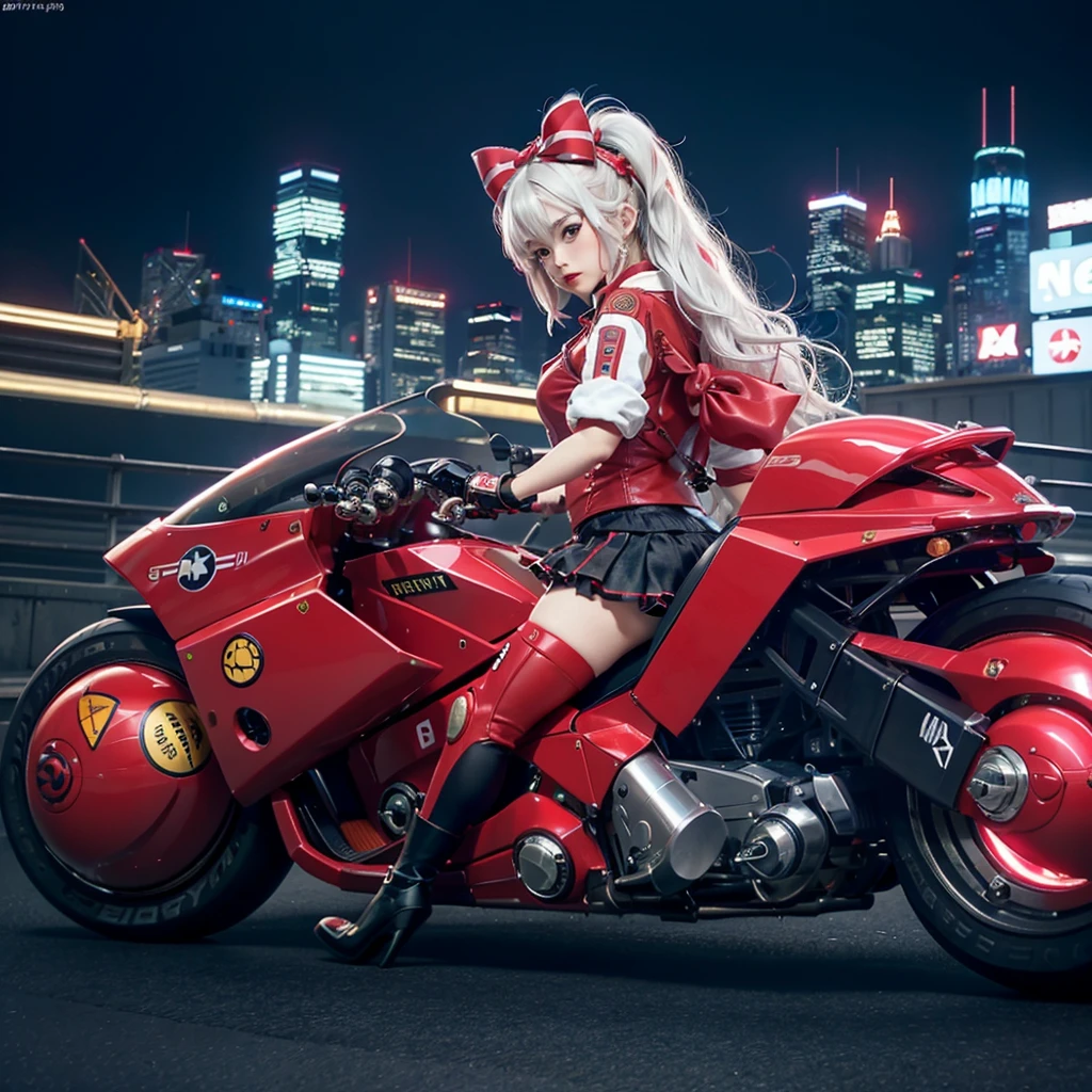 Official Art, Unity 8k Wallpapers, Ultra-detail, Beautiful and aesthetic, ​masterpiece, top-quality, realisitic, banya, red blush, length hair, white  hair, striated hair, Red Neon Eyes, Hair bow, Mole under the eyes, Red Akira Bike, Riding Bicycles, natta, Cyberpunk City View, Spectacular screen, Uniforms,neon color，Rin々Nice ，Cute ，bow ribbon，