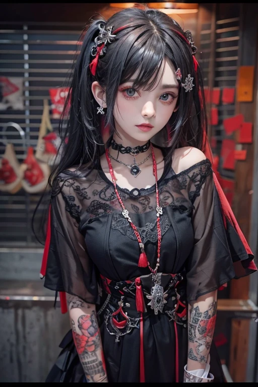 Highest quality、8k、masterpiece:1.3、Gothic Punk、The inner color is red、Gray Black Hair、hair ornaments、beautiful girl、creative、Punk Shirt、Neogoth、Goth Fashion:1.2、High resolution、masterpiece、Highest quality、頭w:1.3、((Hasselblad Photos))、Fine skin、Sharp focus、(Cinema Lighting)、Explore Tokyo'The city at night beyond the neon lights, Forehead open, 17 years old、Petting'Hair back、Shoulder Bare、Small red rose tattoo on the décolletage、Just one tattoo