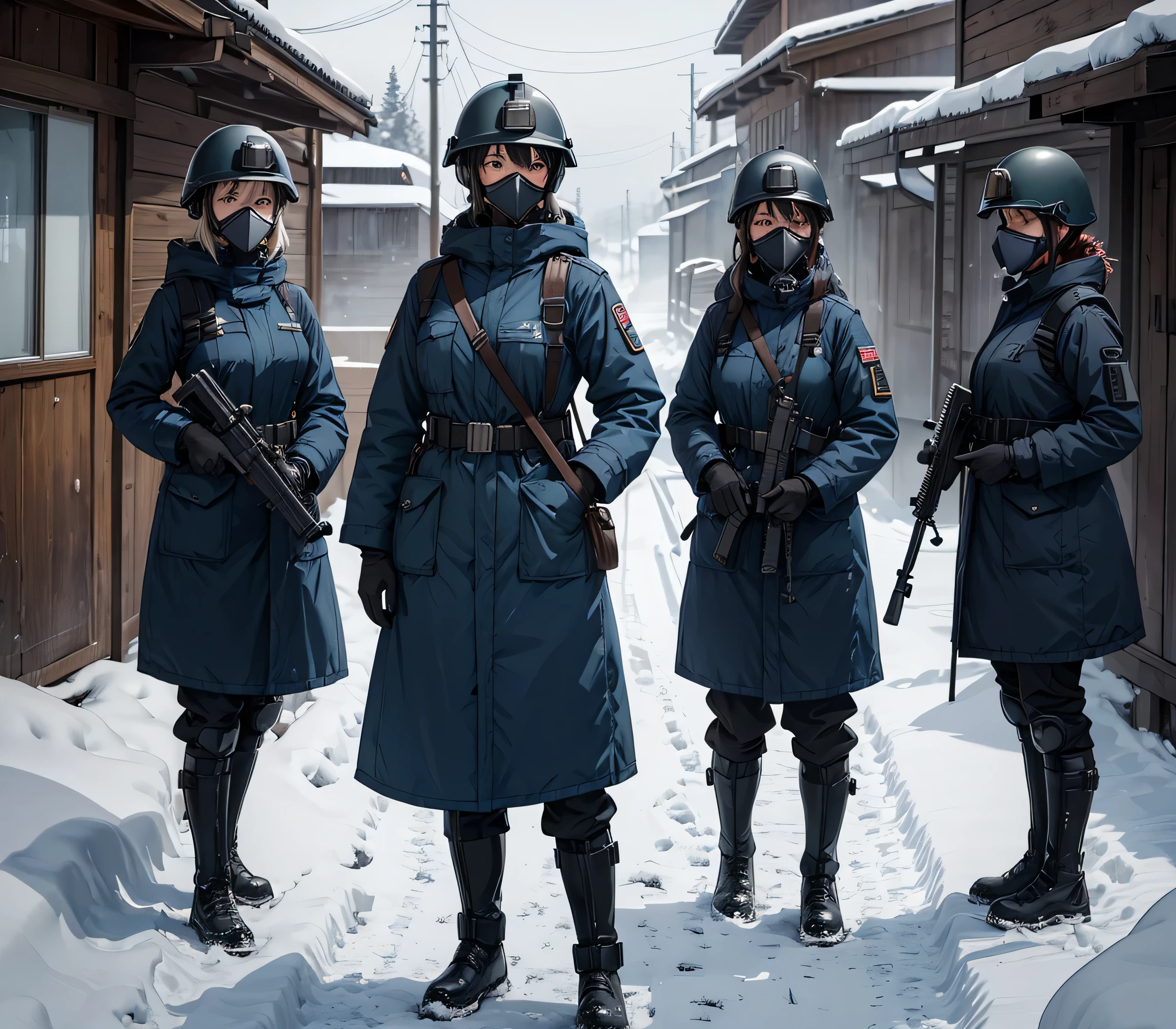 A group of female soldiers all wearing dark blue thick coats、Wear a steel helmet、Gas Mask、Goggles、Standing guard with gun、Snowy military camp、Write details、masterpiece、best quality、Highly detailed CG、8K picture quality
