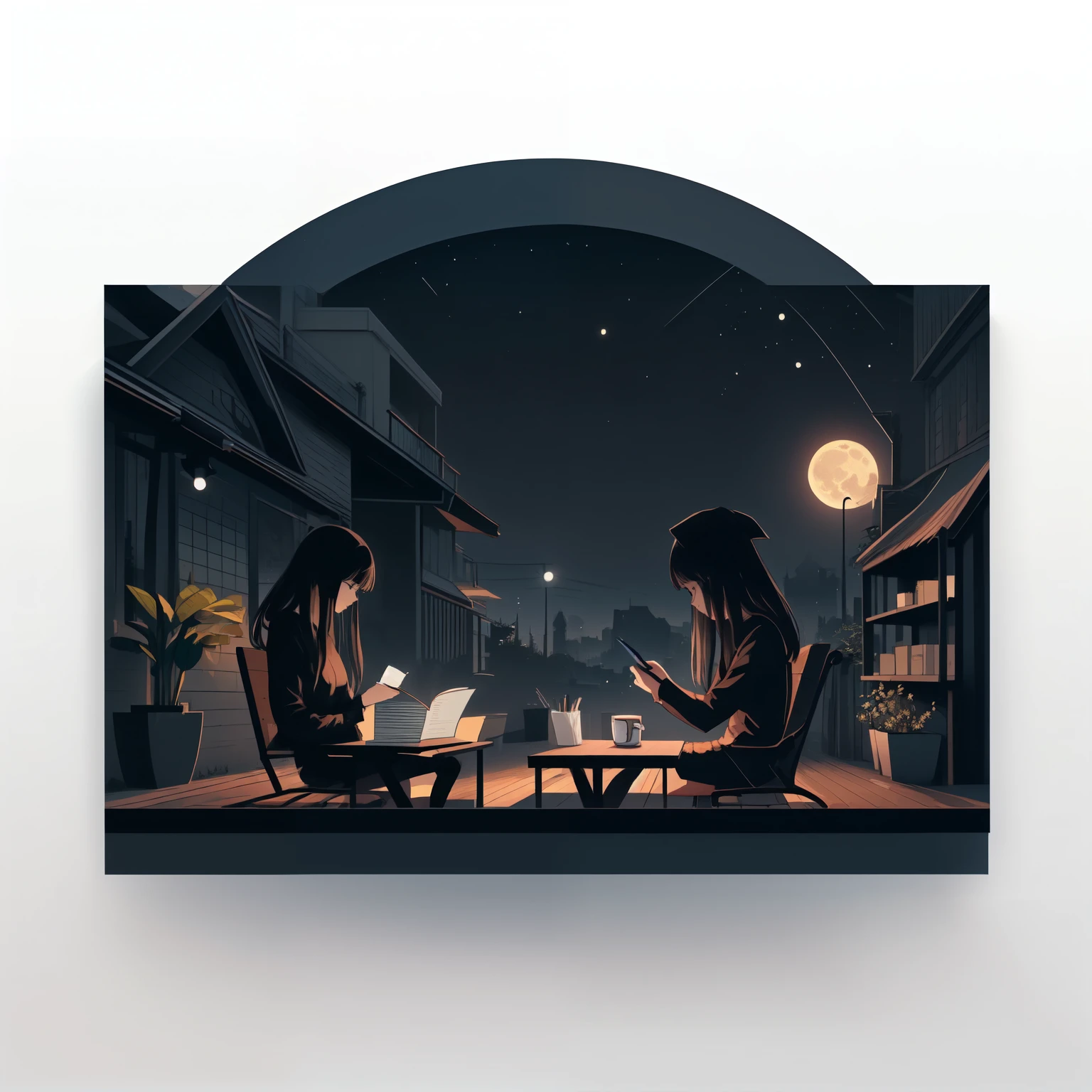 (work of art, best qualityer:1.15), (horizontal strip, ), comfortable environment, the night with a moon appearing, with a coffee, and a notebook