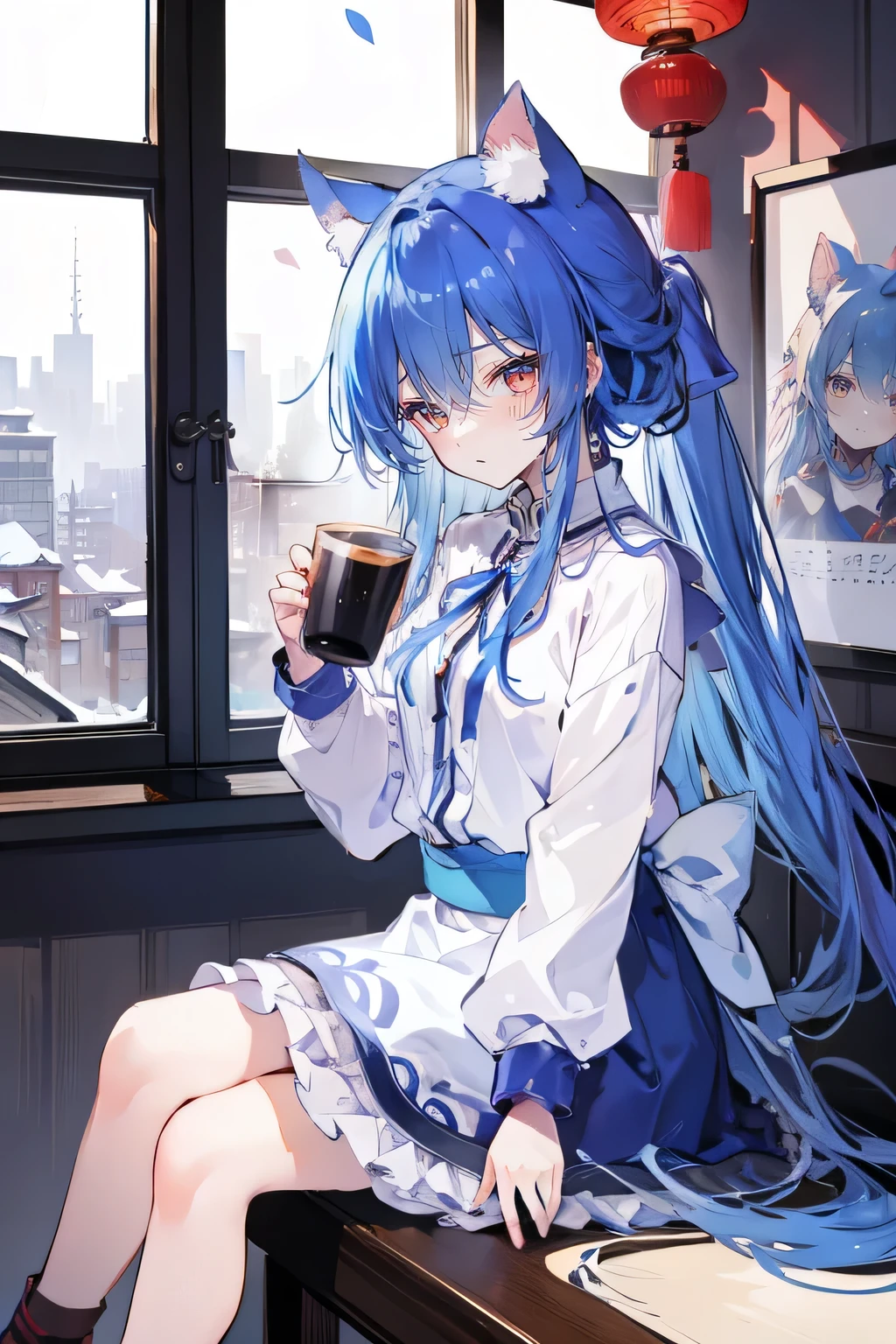 (Masterpiece:1.2),Ultra-detailed,lifelike,The eyes are expressive,Fair skin,Perfect face shape,1 girl,
Japanese Manga,Gorgeous blue hair,Flowing blue hair,Flowing clothes,Cat ears,Petals falling,Beautiful Lola,little angel,
Cross your legs,Gentle and peaceful background,Smile,Wearing a sweatshirt,Tokyo background,background,heavy snow,冬天 on window sill drinking coffee and looking out the window