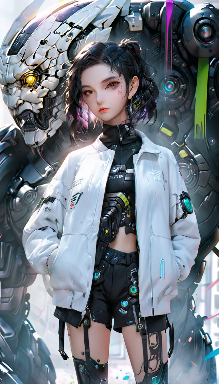 Anime girl in shorts and jacket standing next to giant, artwork in the style of Gu Weiss, Cyberpunk anime girl mecha, Popular on cgstation, Gu Weiss, author:Russell Dongjun Lu, Digital Cyberpunk Anime Art, Ross Tran 8k, Gu Weiss on artstation pixiv, Girl in mecha network armor