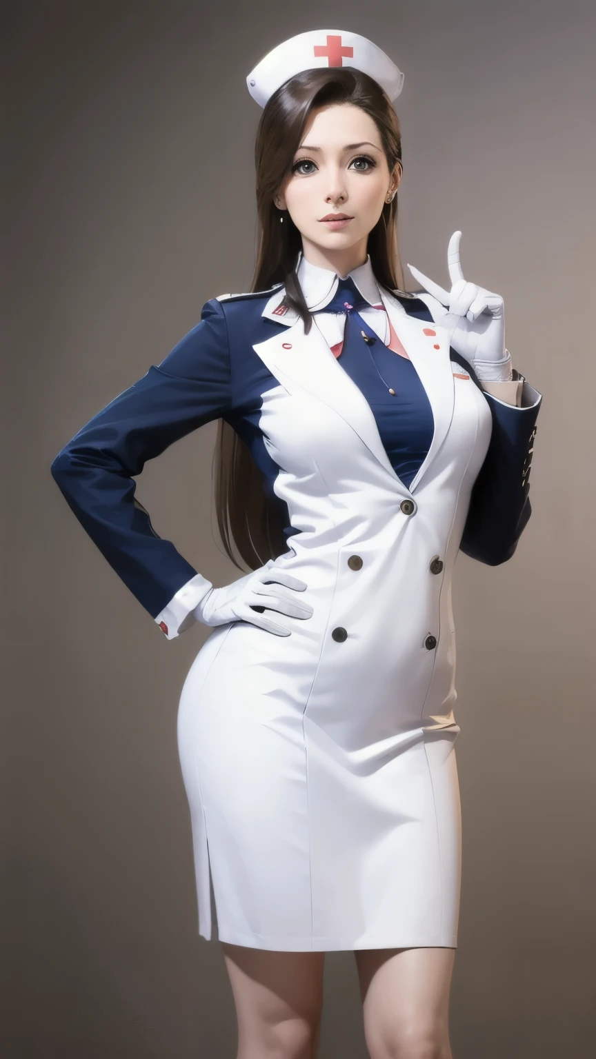 (Raise a finger), white gloves, (nurse uniform), mia_fey ,(cosplay nurse), extremly detailed