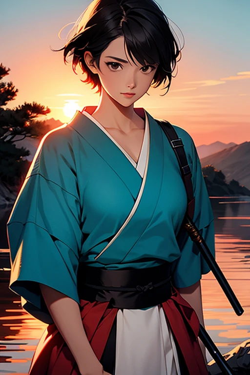 beautiful short-haired swordsman woman, japanese swordsman, sunset