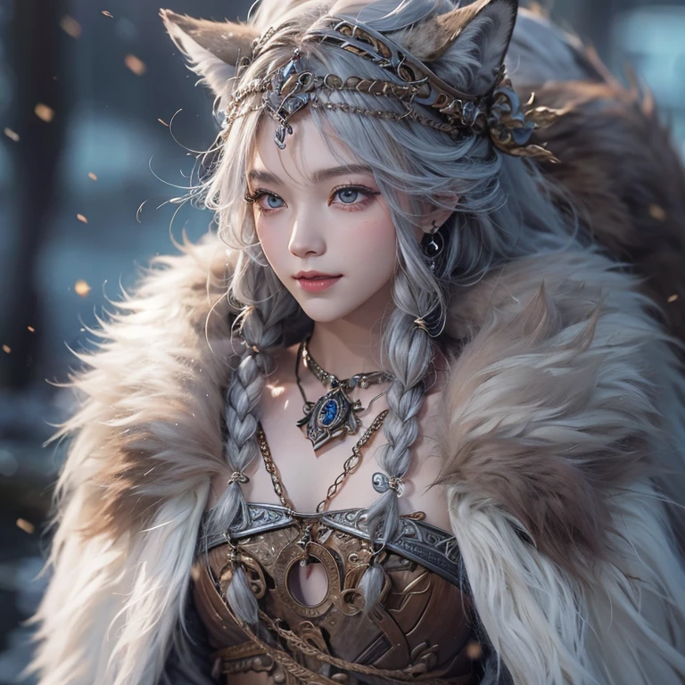 Lakeside surrounded by snowy mountains、Hair Flow、 ((Highest quality、masterpiece、8k、Best image quality、Ultra-high resolution、Award-winning works)、(Accurate anatomy:1.1)、(Look at me and smile:1.1)、Shining fair skin with Ultra-high resolution、The most detailed face、Ultra-high resolution detailed face、Ultra-high resolutionの髪の毛、(Ultra-high resolutionの煌めく瞳:1.1)、Beautiful face drawn in every detail、Ancient Viking clothing, Chest to chest, tattoo, A real wolf is by your side