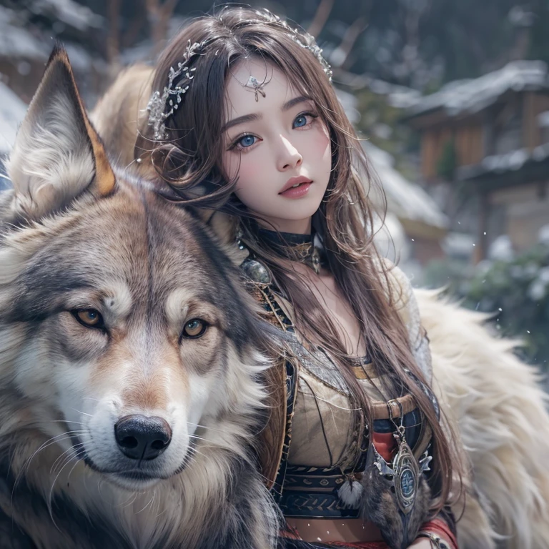 Lakeside surrounded by snowy mountains、Hair Flow、 ((Highest quality、masterpiece、8k、Best image quality、Ultra-high resolution、Award-winning works)、(Accurate anatomy:1.1)、(Look at me and smile:1.1)、Shining fair skin with Ultra-high resolution、The most detailed face、Ultra-high resolution detailed face、Ultra-high resolutionの髪の毛、(Ultra-high resolutionの煌めく瞳:1.1)、Beautiful face drawn in every detail、Ancient Viking clothing, Chest to chest, tattoo, A real wolf is by your side