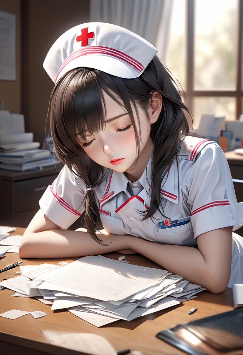 Cute nurse girl, leaning face down on the desk and looking sleepy, exhausted, detailed closed eyes, beautiful detailed lips, highly detailed face, long eyelashes, calm expression, white uniform, nurse cap, crumpled up desk, scattered documents, warm lighting, soft hazy background, (best) quality, 4k, 8k, high resolution, masterpiece: 1.2), super detailed, (realistic, photorealistic, photorealistic: 1.37), cowboy-shot