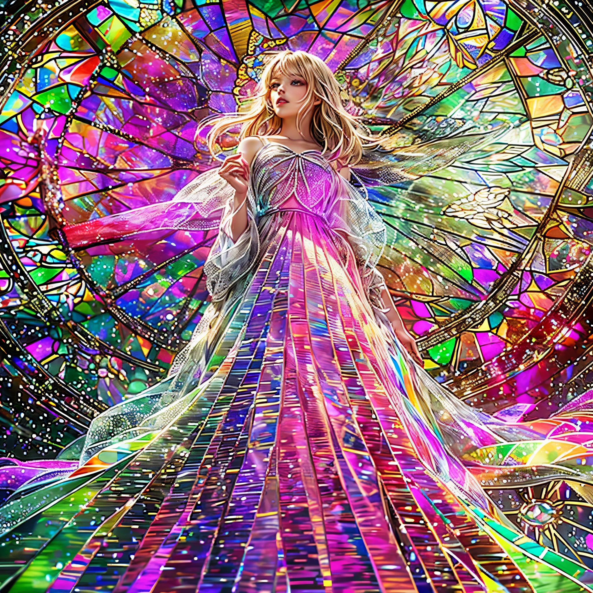 Red carpet (Cathedral from below:1.28) VolumetricLighting (FullBody ZoomedOut:1.28 Wide-shot) ZoomLayer (BokeH:1.32), ((TopQuality 8K masterpiece of (Professional photo:1.37)), (((Clarisse de Cagliostro))) (Detailed Delicate White Dresses), Chain, Extremely detailed (KAWAII face) {(VeiledFace)|BlondeHair|(Spanking BuleEyes)}, The background is distant (((Elaborate stained glass))) Rainbow Glass, (MysticSight) {(GodRays)|Haze|TyndallEffect}, Radiant PearlSkin with Transparency, (Exposed:0.64)