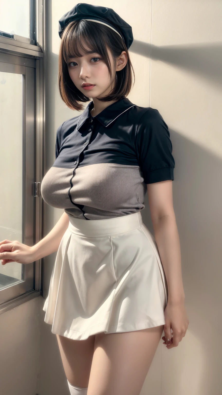 masterpiece, best quality, illustration, Super detailed, fine details, High resolution, 8K,wall paper, perfect dynamic composition,(Details High quality, realistic depiction of eyes:1.3), Hospital Rooms、White nurse cap、White tights、White nurse uniform、to stand、Hand skirt、Flipping up a white skirt, large breasts,short bob hair, black hair color, Big Natural Color Lip, bold sexy pose, crying a little、Harajuku style、20 year old girl、cute type、ta、beautiful legs, hposing Gravure Idol