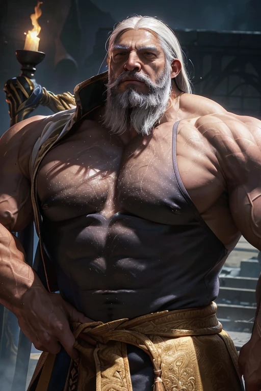 JP, Old man, Old man, looking at viewer, from below, (giant, colossal,thick gray beard, long gray hair, white hair, 70 year old man, sweaty body, muscular, gigantic old man,larger-than-life figure, towering presence, overwhelming size, immense power, massive strength), growing in size with each passing moment, expanding exponentially, enormous nose, hook shaped nose, dark olive skin color, becoming larger and larger than any man-made structure, dominating the landscape, brown skin color, dark tan skin, a true titan among men. (best quality, 4k, highres, ultra-detailed), with every muscle and sinew rendered in (realistic, photorealistic) detail, every bulge and vein meticulously captured, showcasing the (raw power, strength, intensity) emanating from his form, he crushes buildings with his muscles, he destroys everything. The artist has used a (hyperrealistic, lifelike) medium to depict this colossal figure, with a (tactile, textured) quality that invites the viewer to reach out and touch the massive physique. The lighting is strategically positioned to emphasize the (muscular definition, size) of the man, casting (deep shadows, dramatic highlights) that enhance his imposing presence. The colors used are bold and vibrant, capturing the intensity of the scene, with (rich tones, vivid hues) that add depth and dimension to the artwork. The overall effect is one of awe and wonder, as the viewer is confronted with the sheer magnitude and power of this gigantic man.