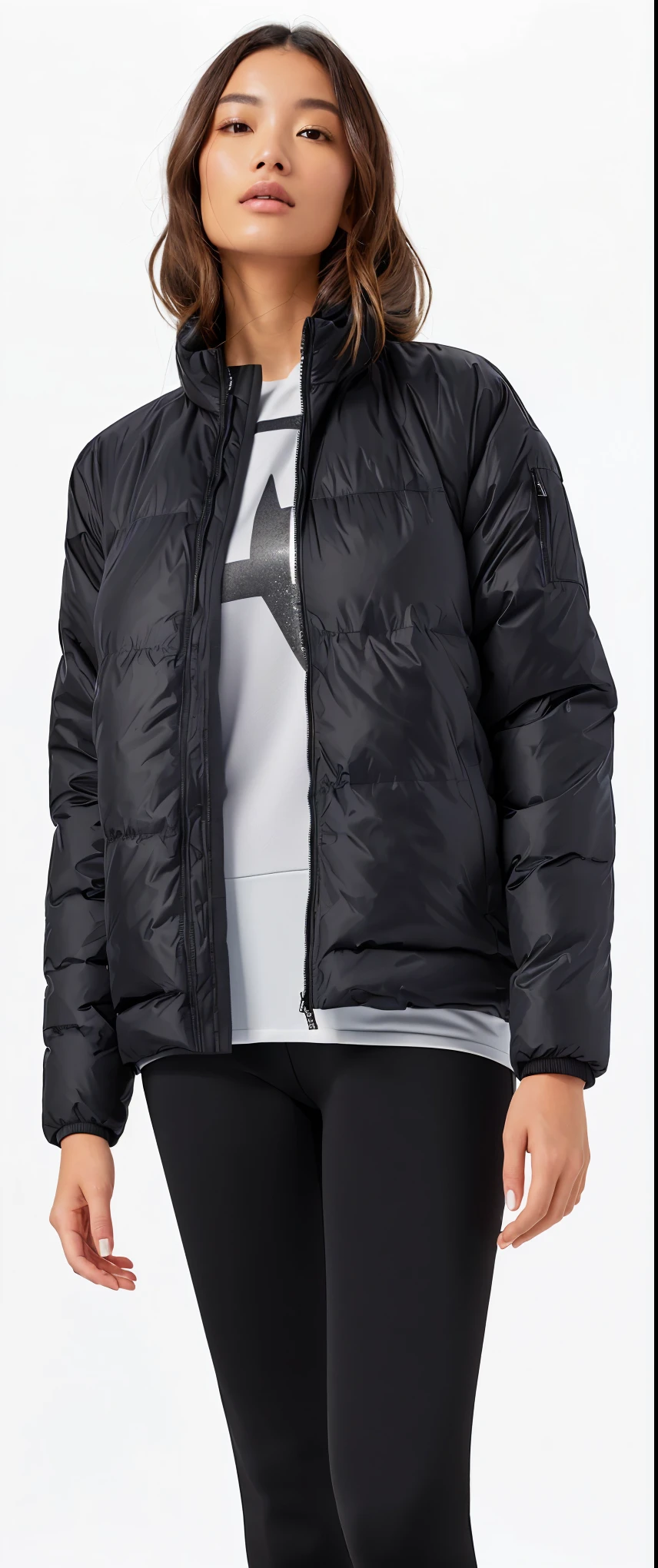 a woman in a black jacket and leggings stands in Front oF a white background, model wears a puFFer jacket, cyber Future jacket, jaqueta sobre o tronco nu, puFFer jacket, with two Front pockets, Future inFlatable jacket, sinistra e intensa, F / 2 0, vestindo jaqueta, warm Features, inspirado por Kanō Tan'yū, jaqueta aberta
