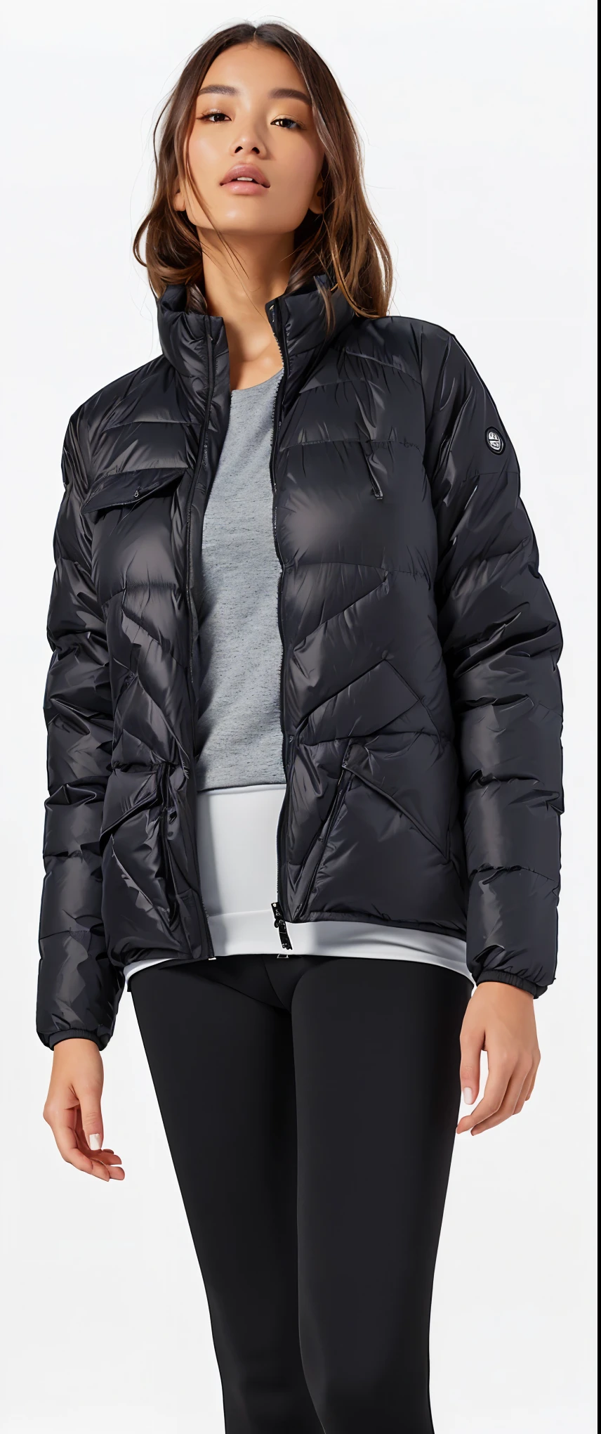 a woman in a black jacket and leggings stands in Front oF a white background, model wears a puFFer jacket, cyber Future jacket, jaqueta sobre o tronco nu, puFFer jacket, with two Front pockets, Future inFlatable jacket, sinistra e intensa, F / 2 0, vestindo jaqueta, warm Features, inspirado por Kanō Tan'yū, jaqueta aberta