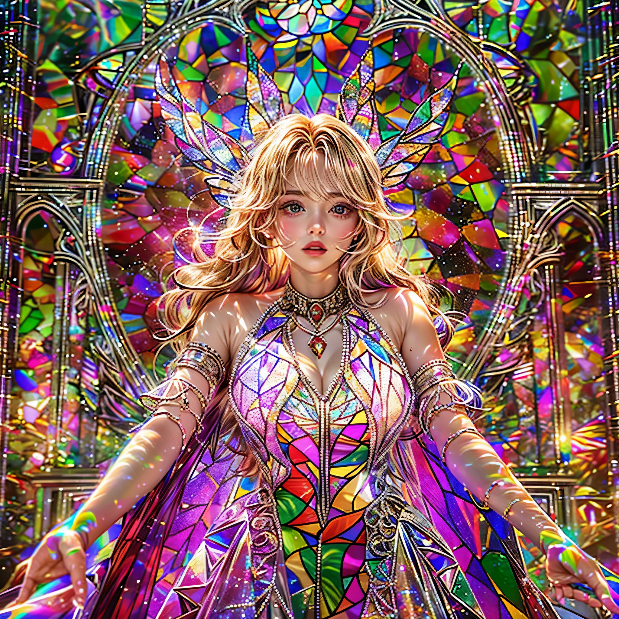 Red carpet (Cathedral from below:1.28) VolumetricLighting (FullBody ZoomedOut:1.28 Wide-shot) ZoomLayer (BokeH:1.32), ((TopQuality 8K masterpiece of (Professional photo:1.37)), (((Clarisse de Cagliostro))) (Detailed Delicate White Dresses), Chain, Extremely detailed (KAWAII face) {(VeiledFace)|BlondeHair|(Spanking BuleEyes)}, The background is distant (((Elaborate stained glass))) Rainbow Glass, (MysticSight) {(GodRays)|Haze|TyndallEffect}, Radiant PearlSkin with Transparency, (Exposed:0.64)