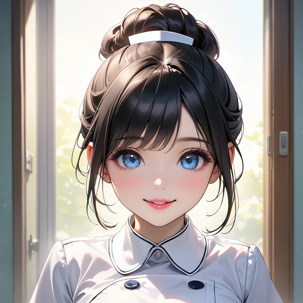 Highest quality, masterpiece, Ultra-high resolution, Realistic:1.2, RAW Photos, Intricate details, Portraiture, Big beautiful blue eyes:1.2, Perfect contours, Girl, break ((upper body:1.2)), (facing viewer, looking away:1.2), ((petite, short, tiny girl:1.2)), Black Hair、((updo:1.2)), (makeup:1.2, big smile, full lips:1.3, pink lips:1.2, shiny lips:1.2), ((Top-class nurse:1.2)), (Luxurious, shiny, pure white nurse uniform), break ((Shaking the thermometer:1.2))、 (The background is a hospital room:1.2、The morning light is shining through the window and it's dazzling.)、