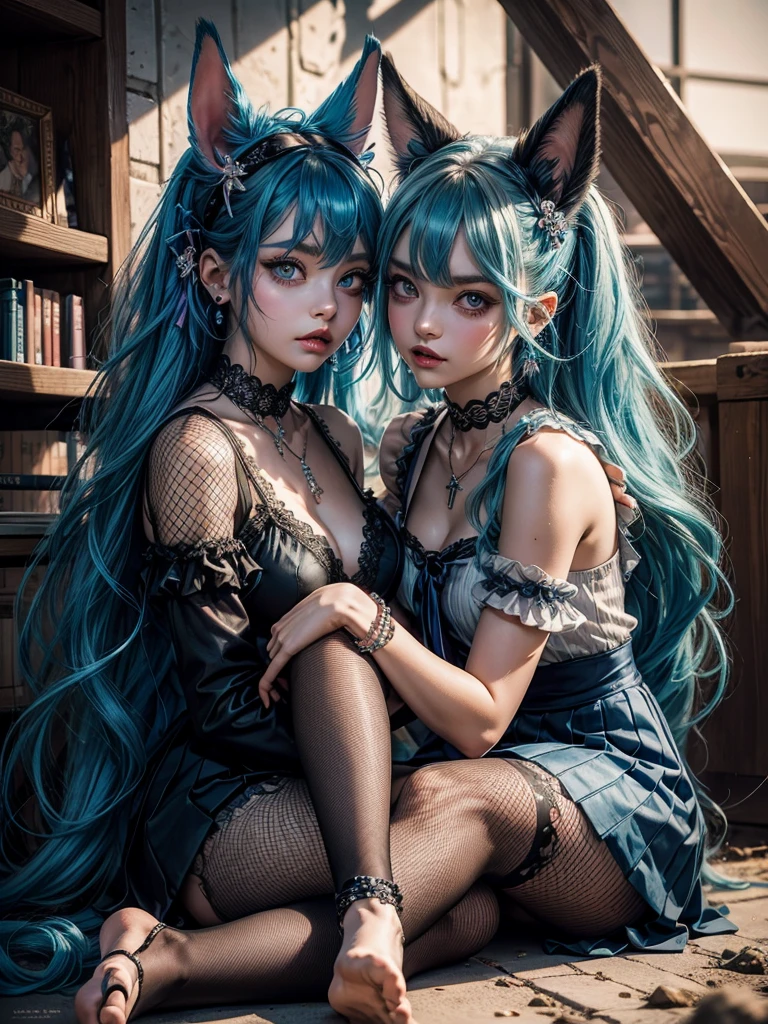 Goddess, Hatsune Miku, Gradient Eyes, Watery Big Eyes, Colored Eyelashes, Beautiful Eyes, Lipstick, Cat Mouth, Rabbit Ears, Angry, Hair Over the Shoulder, Blue Hair, Asymmetric Bangs, Double Braids, ta Hair Accessories, Hairpins, Stud Earrings, Colars, Rings, Pendants, Brooches, Corsages, Ribbons, JK Uniforms, Fishnet Socks, Butterfly Wings, Legs Entwined, Ten Fingers Interlocked, Staddling, Library, Bust, Delicate Facial Features, Perfect Face, , Multiple Girls, Student, Short Eyebrows, Watery Big Eyes, Chestnut Mouth, Lipstick, Animal ears, annoyances, long hair, blue hair, crossed bangs, messy hair, Loliair accessories, bracelets, sapphire brooches, necklaces, nail polish, JK uniforms, pleated skirts, lace, bare feet, one-legged pantyhose, sitting sideways, learning to bark, tied to a cross, hands on someone else's waist, dusk, hills, desert, wasteland, atmospheric light, Tyndall effect, natural light  