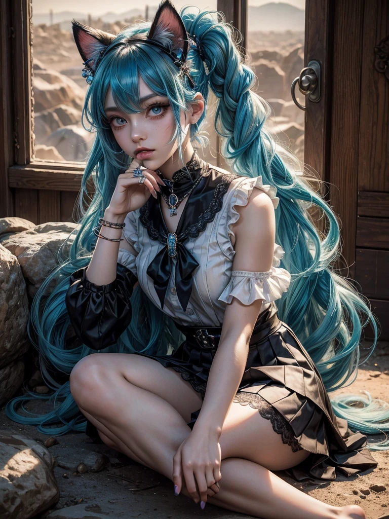 Goddess, Hatsune Miku, Gradient Eyes, Watery Big Eyes, Colored Eyelashes, Beautiful Eyes, Lipstick, Cat Mouth, Rabbit Ears, Angry, Hair Over the Shoulder, Blue Hair, Asymmetric Bangs, Double Braids, Lolita Hair Accessories, Hairpins, Stud Earrings, Colars, Rings, Pendants, Brooches, Corsages, Ribbons, JK Uniforms, Fishnet Socks, Butterfly Wings, Legs Entwined, Ten Fingers Interlocked, Staddling, Library, Bust, Delicate Facial Features, Perfect Face, , Multiple Girls, Student, Short Eyebrows, Watery Big Eyes, Chestnut Mouth, Lipstick, Animal ears, annoyances, long hair, blue hair, crossed bangs, messy hair, Lolita hair accessories, bracelets, sapphire brooches, necklaces, nail polish, JK uniforms, pleated skirts, lace, bare feet, one-legged pantyhose, sitting sideways, learning to bark, tied to a cross, hands on someone else's waist, dusk, hills, desert, wasteland, atmospheric light, Tyndall effect, natural light  