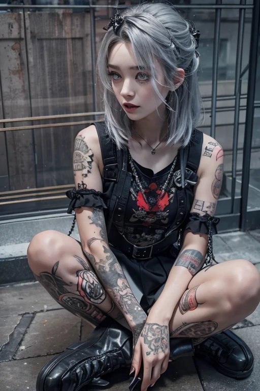 Highest quality、、masterpiece:1.3、Gothic Punk、Red on the inside、Gray Black Hair、hair ornaments、beautiful girl、creative、Punk Shirt、Neogoth、Goth Fashion:1.2、High resolution、masterpiece、Highest quality、頭w:1.3、((Hasselblad Photos))、Fine skin、Sharp focus、(Cinema Lighting)、Explore Tokyo'The city at night beyond the neon lights, Forehead open, 17 years old、Petting'Hair back、Shoulder Bare、Small red rose tattoo on the décolletage、Just one tattoo