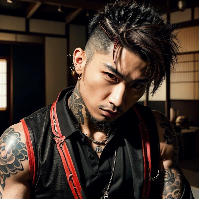 1 man, Japanese man, male, Asian eyes, muscular, broad shoulders, yakuza tattoos, hairstyle Visual Kei style, hair Visual Kei, black men's shirt and black pants, ultra detailed face, hyperrealistic, realistic representation, long hair, long hair, 30 years old, age 30 years, blond, blonde hair