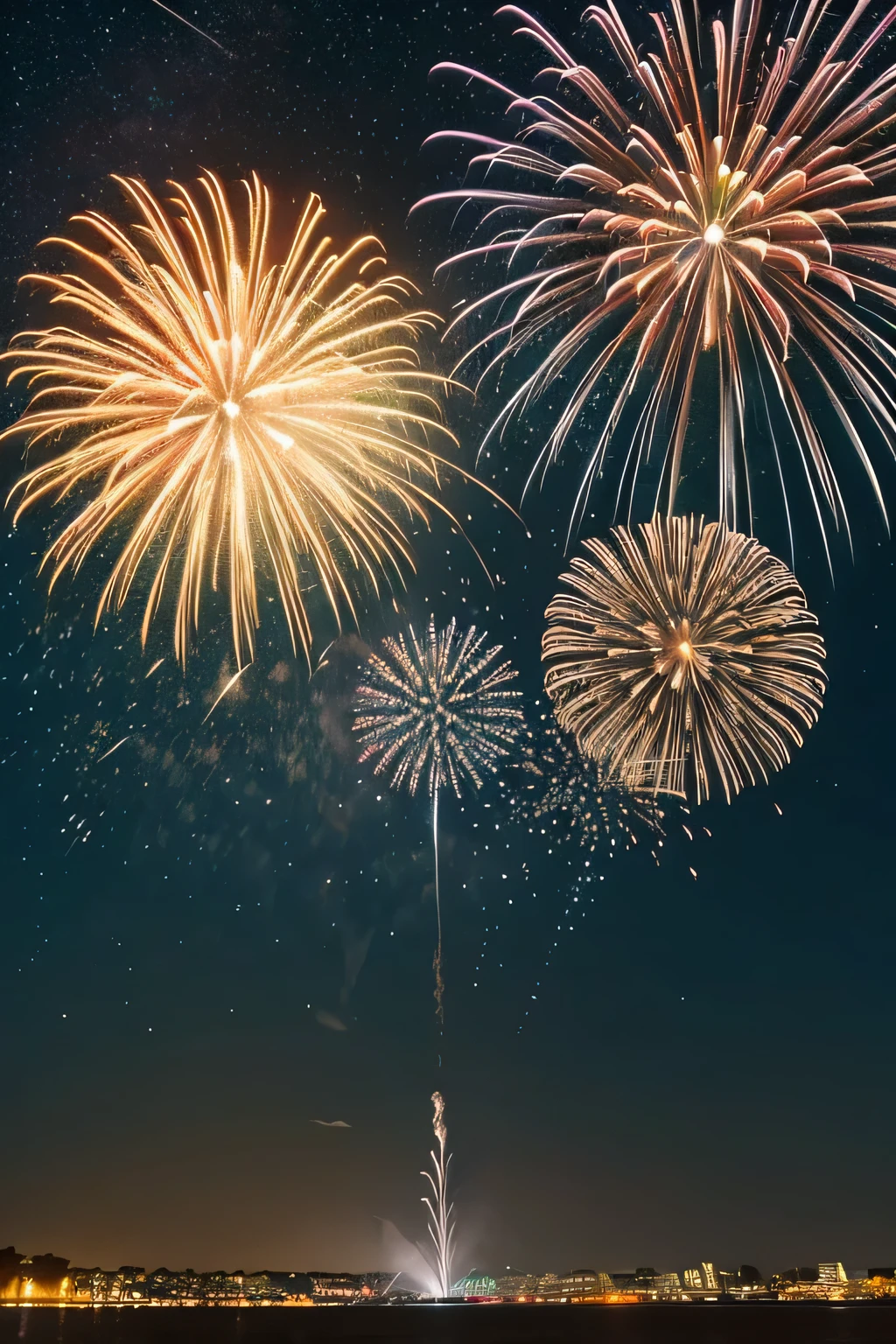 Pale yellow star-shaped fireworks in the night sky, the seaside, no people on the screen, a fantastic meteor shower in the background sky