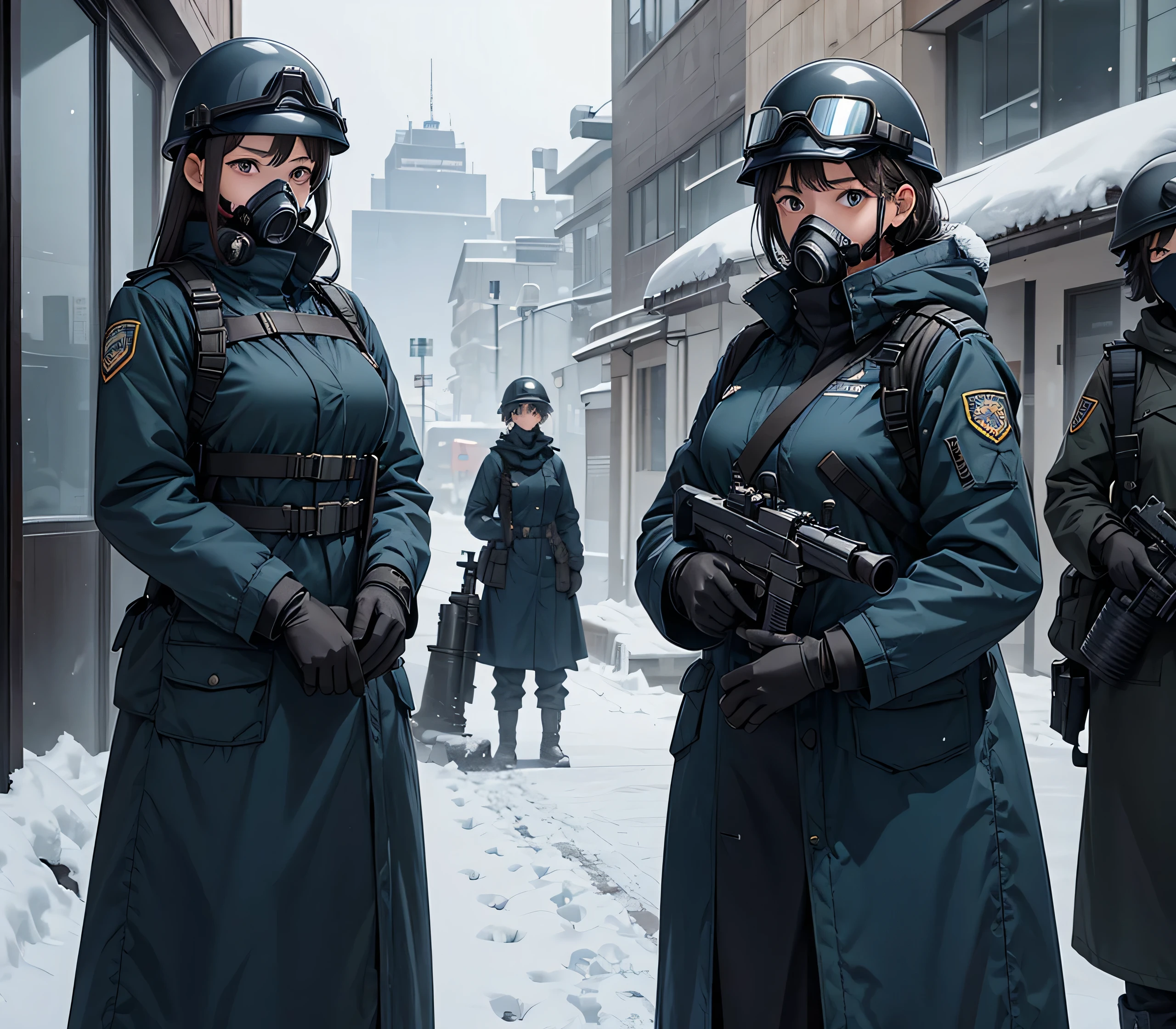 A group of female soldiers all wearing dark blue thick coats、Wear a steel helmet、Gas Mask、Goggles、Standing guard with gun、In the office building、Snow outside、Write details、masterpiece、best quality、Highly detailed CG、8K picture quality