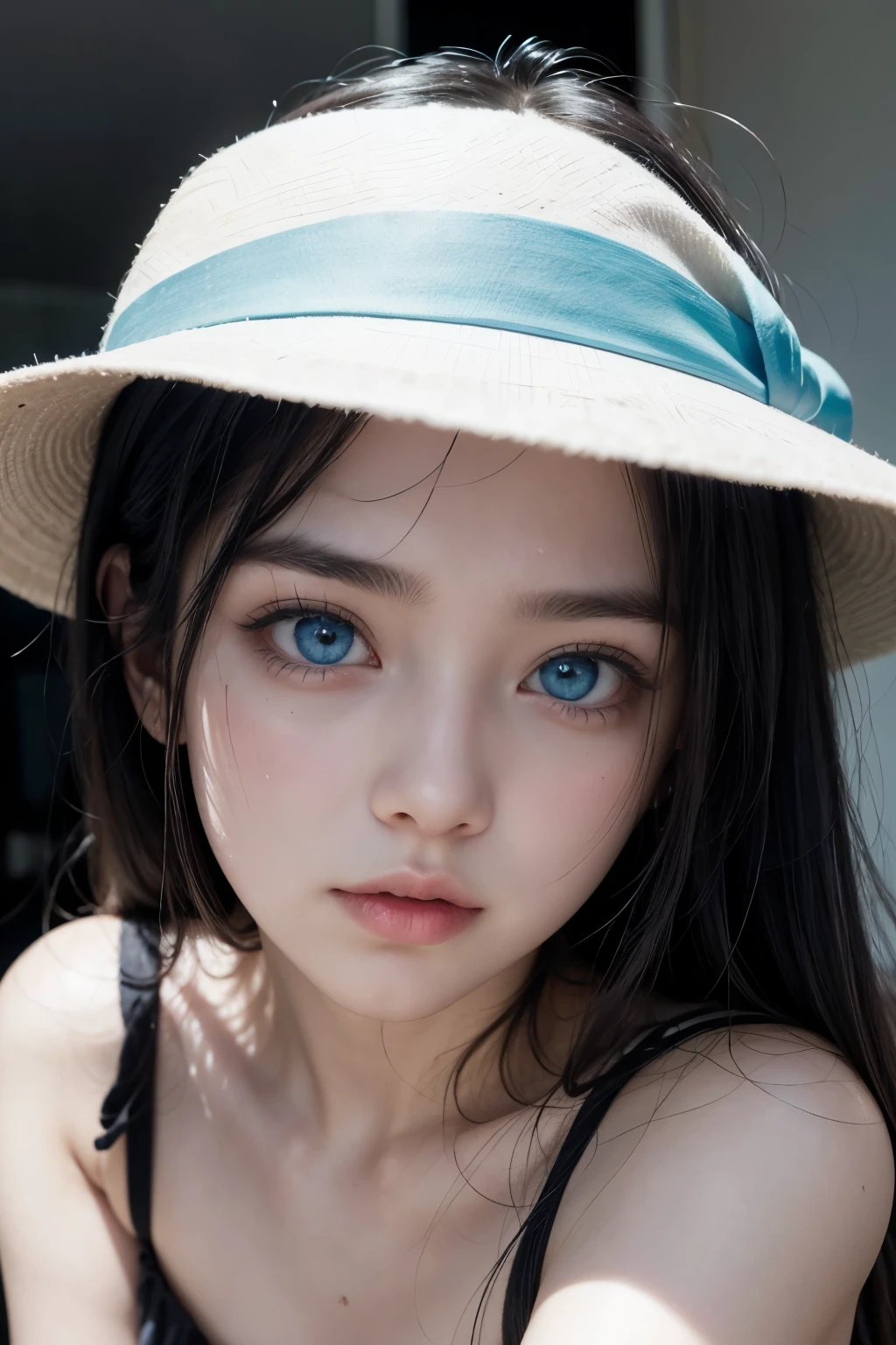 Black haired woman, white skin and light blue eyes