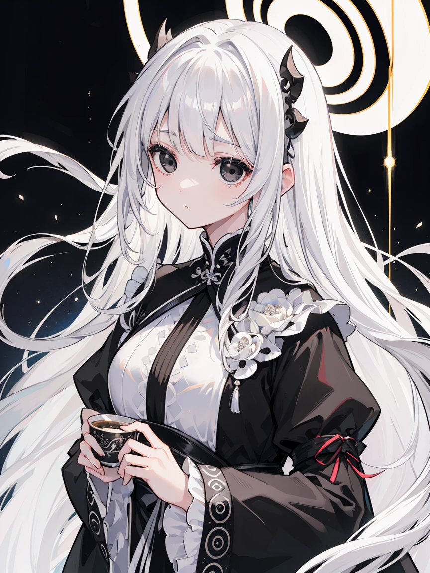 (Top image quality)、(Very detailed)、(Facing forward)、Top quality、masterpiece、(((1 girl )))、Silver Hair、White hair、((Long hair))、Weaving、(black eyes:1.6)、(White and black cheongsam)、Lots of decorations、Lots of ribbons、White Ribbon、Haggard、Fluffy loose hair