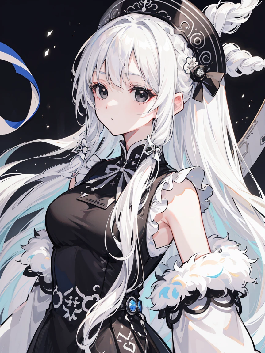 (Top image quality)、(Very detailed)、(Facing forward)、Top quality、masterpiece、(((1 girl )))、Silver Hair、White hair、((Long hair))、Weaving、(black eyes:1.6)、(White and black cheongsam)、Lots of decorations、Lots of ribbons、White Ribbon、Haggard、Fluffy loose hair