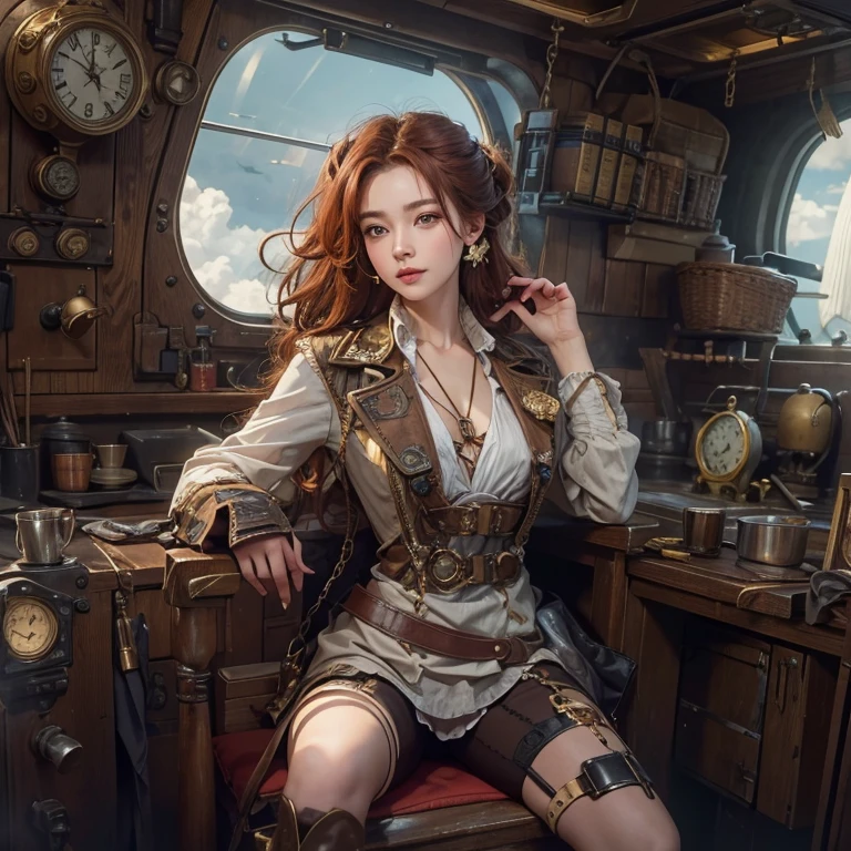 masterpiece:1.3), (8k, Realistic, RAW Photos, Best imYear quality: 1.4)、 Year,(Random Hairstyles:1.2)、CleavYear:1.2、Highly detailed face、Attention to detail、double eyelid、Chest to chest、Sharp focus:1.2、Beautiful woman:1.4、Redhead、Highest quality、masterpiece、Ultra-high resolution、(Realistic:1.4)、Highly detailed and professionally lit smiles、Loose fitting steampunk outfit、Shoulder out、thin、Serious expression、Clouds seen from inside the airship、goggles
