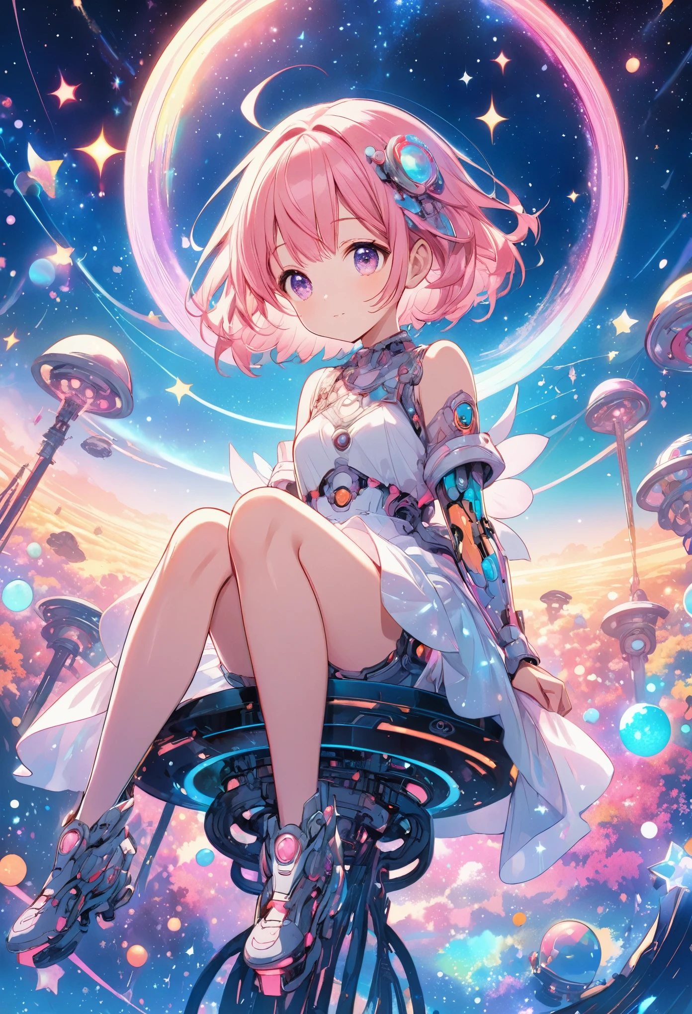 Detailed manga-style image of cute girl, Ethereal anime character, short pink hair girl, sitting in a cosmic wonderland, vibrant colors, celestial glow, intricate mechanical legs, magical atmosphere, starry background, dreamlike quality, detailed illustration style.