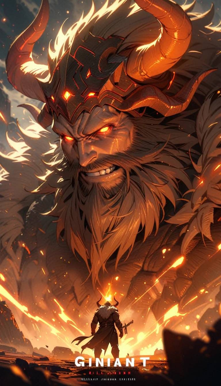 ((best quality)) , ((masterpiece)) , (detailed),horns, giant, glowing, glowing eyes, beard, male focus, 1boy, copyright name, helmet, holding, facial hair, fur trim, teeth, muscular