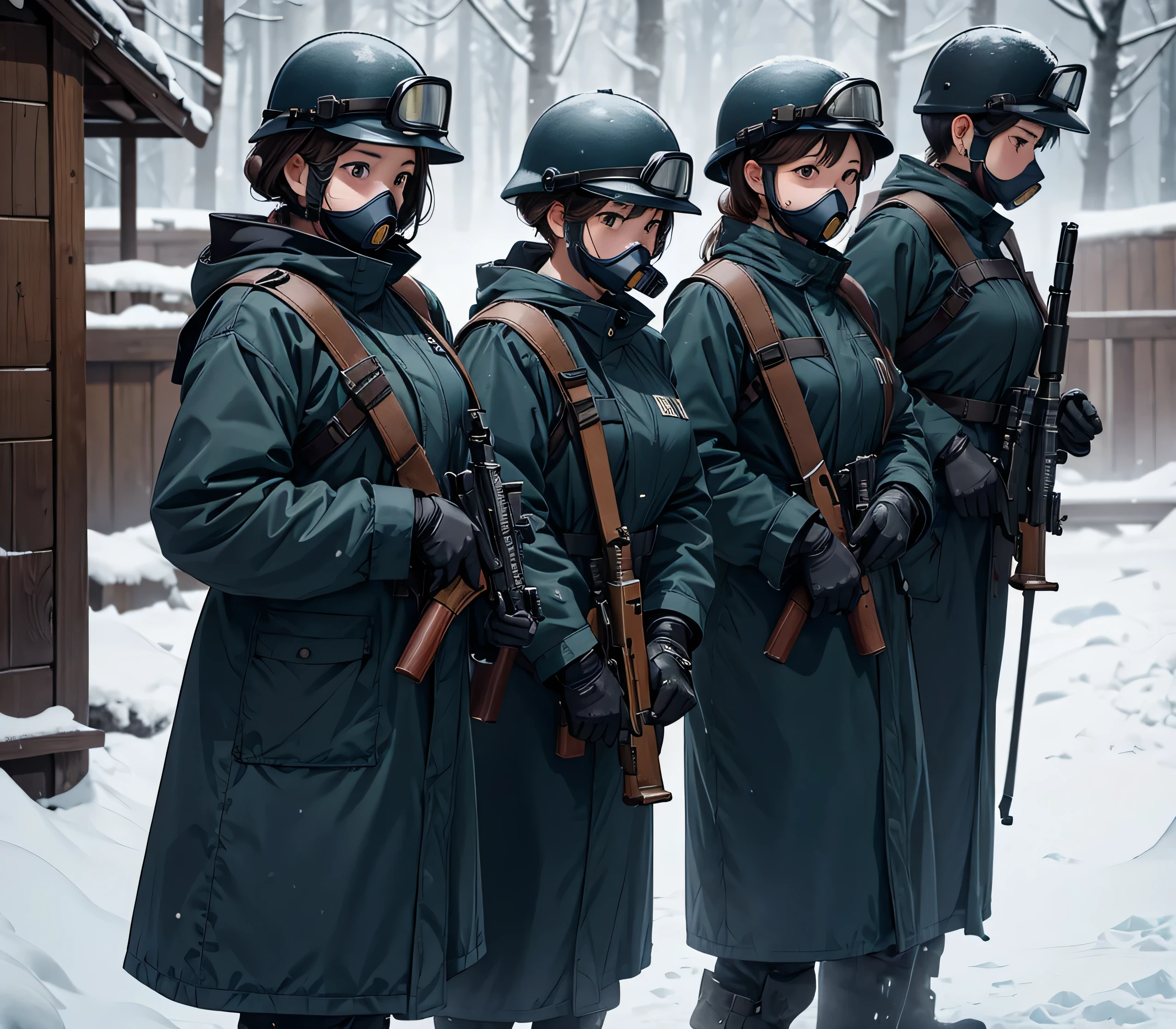 A group of female soldiers all wearing dark blue thick coats、Wear a steel helmet、Gas Mask、Goggles、Standing guard with gun、Snow outside、Write details、masterpiece、best quality、Highly detailed CG、8K picture quality