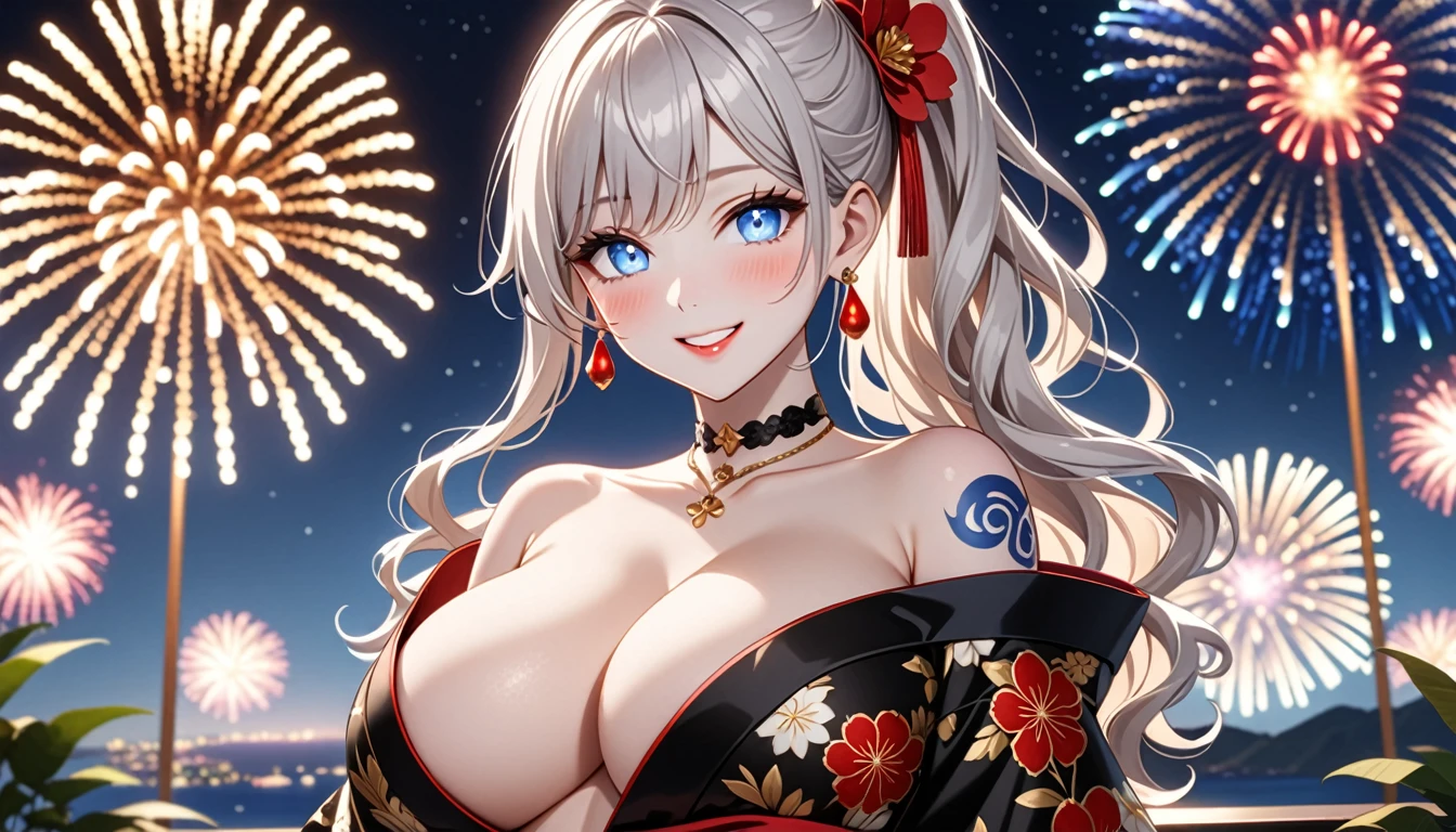 ultra-detailed, ((one girl)), (pale skin:1.5),  fair-skinned gyaru, ((Girl in black kimono)),  (heavy makeup), (professional lighting), hyper detailed, absurdres, 8k, Beautiful Face, (Laugh shyly), ((teasing smile:1.2)), ((happy smile:1.4)),  ((Wink:1.4)), (Laugh with your mouth wide open),((Tilt your face:1.6)), View your viewers, ((full-face blush:1.4)), Glossy Red Lips, ((huge breasts:1.6)), undressing, ((She is undressed up to her shoulders, highlighting her cleavage.)), ((Shoulder Tattoo:1.3)), summer, night,Observatory with a view of the sea, firework, ((Anime style background)),masterpiece, Highest quality, so beautiful,Latest, Complex details, ((red long nail:1.2)), (ring),(bracelet), (Floral Choker),AI-generated, Complex,High resolution, Highest quality, super high quality,3D Images、3D Images,One person, (Silver White hair),Long Hair, (White high ponytail), (wavy hair:1.3)), Anime woman posing for a photo, ((Eyes with detailed pupils、blue eyes、glowing eyes:1.3)), (Squint your eyes:1.1),a hyperRealistic , hyperRealistic , Realistic,Anime woman with long white hair, Smooth anime CG art, ((A girl in a gorgeous black kimono:1.2)), ((black furisode:1.3)),Gold embroidery, (Large floral pattern in red color),  (sideboob), (Long red flower hair ornament),(big floral earrings), Mature Body, tall,Narrow waist, ((model posing:1.3)),  (extreme close-up shot), ((dutch angle:1.2)),