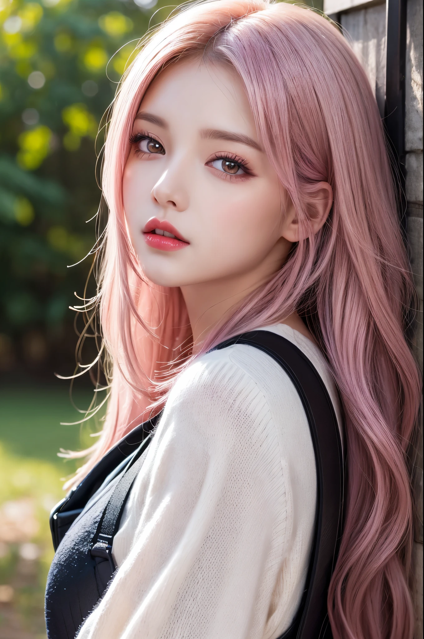 (best quality,8k,High resolution,masterpiece:1.2),Digital artwork, a girl,Detailed face,delicate eyes,pink purple hair,wavy long hair,shiny light pink eyes,red lips,Suspenders,Twenty generations