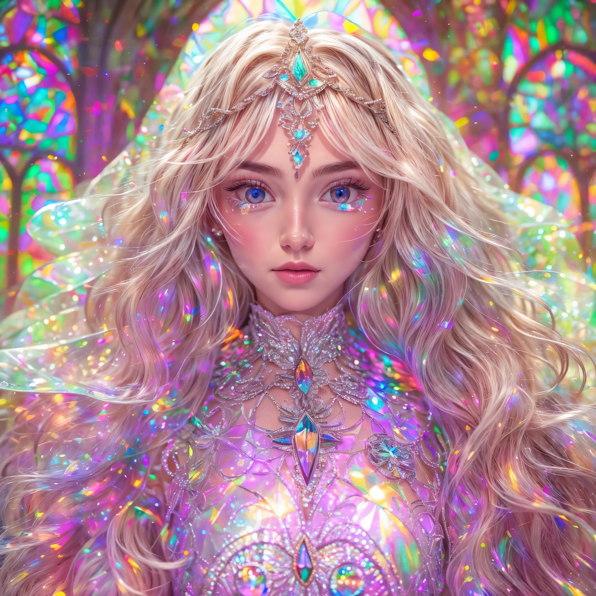 (Cathedral from below:1.28) (BokeH ZoomLayer) ((TopQuality 8K masterpiece of (Professional photo:1.37))), (((Clarisse de Cagliostro))) (Detailed White WeddingDresses), Chain, (CloseUp of (Extremely detailed (KAWAII face))) {((VeiledFace))|BlondeHair|(Elaborate BuleEyes)with(SparklingHighlights:1.28)}, The background is distant (((Elaborate stained glass))) Rainbow Glass, {(MysticSight)|EnchantingAtmosphere|Haze|(GodRays)|TyndallEffect}, Radiant PearlSkin with Transparency, (Exposed:0.??), BluB