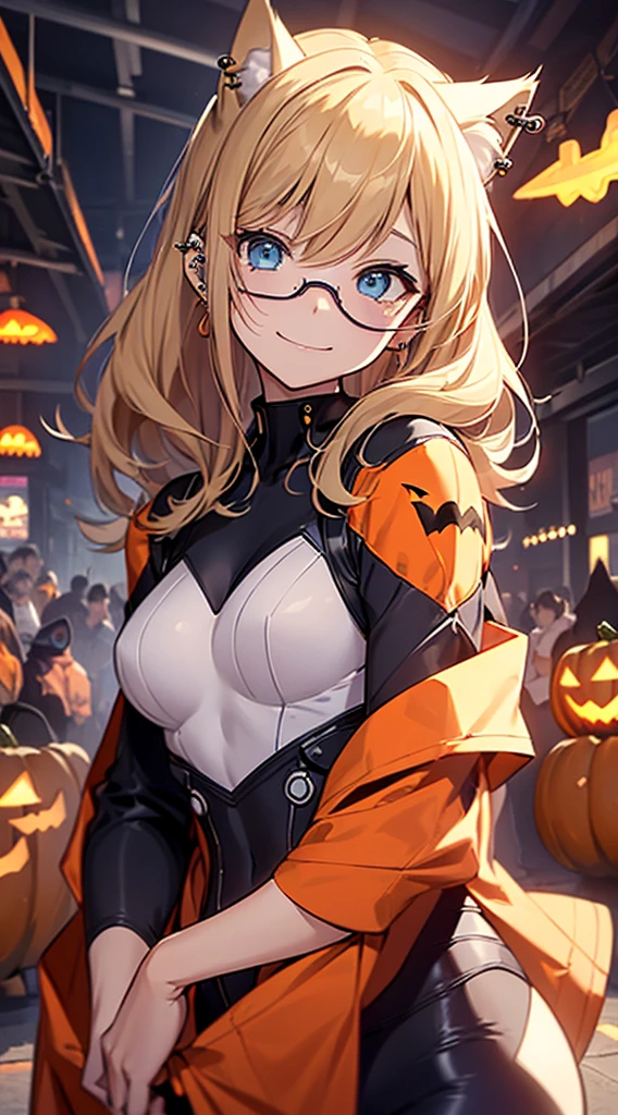 top-quality、Top image quality、in 8K,4K,masterpiece、(NSFW:1.2)、ultra-detailliert、Beautiful、ultra-quality、cute little、Style like a model、girl with(((18year old、cat ear、Halloween Costumes:1.3、zero suit、Bust 92、a blond、Straight hair around the shoulders、Blue eyes、eye glass、Happiness、Ear-piercing)))、hiquality、visualart、Background with((Halloween:1.2))、masutepiece、bustup