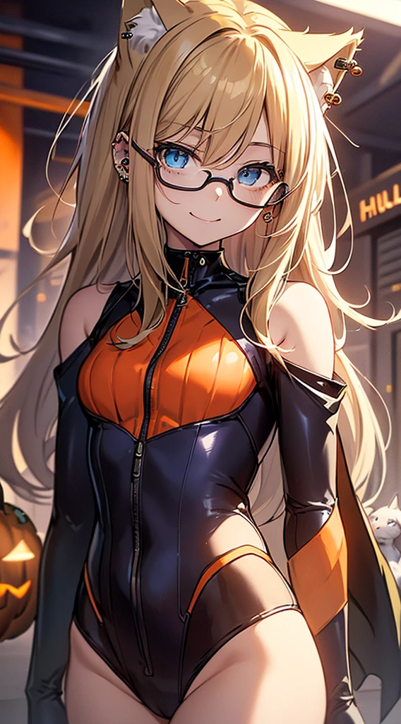 top-quality、Top image quality、in 8K,4K,​masterpiece、(NSFW:1.2)、ultra-detailliert、Beautiful、ultra-quality、cute little、Style like a model、girl with(((18year old、cat ear、Halloween Costumes:1.3、zero suit、Bust 92、a blond、Straight hair around the shoulders、Blue eyes、eye glass、Happiness、Ear-piercing)))、hiquality、visualart、Background with((Halloween:1.2))、masutepiece、bustup