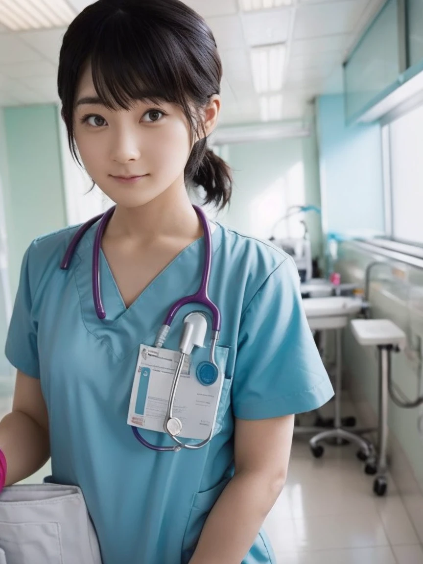 girl, alone, Bun Hair, Medical scrub、White scrub、Female nurse、Hold in hand、Short sleeve、Long trousers、Name tag, (ID card)、strap, (Stethoscope)、Hospital corridor、Warm lighting、sense of cleanliness