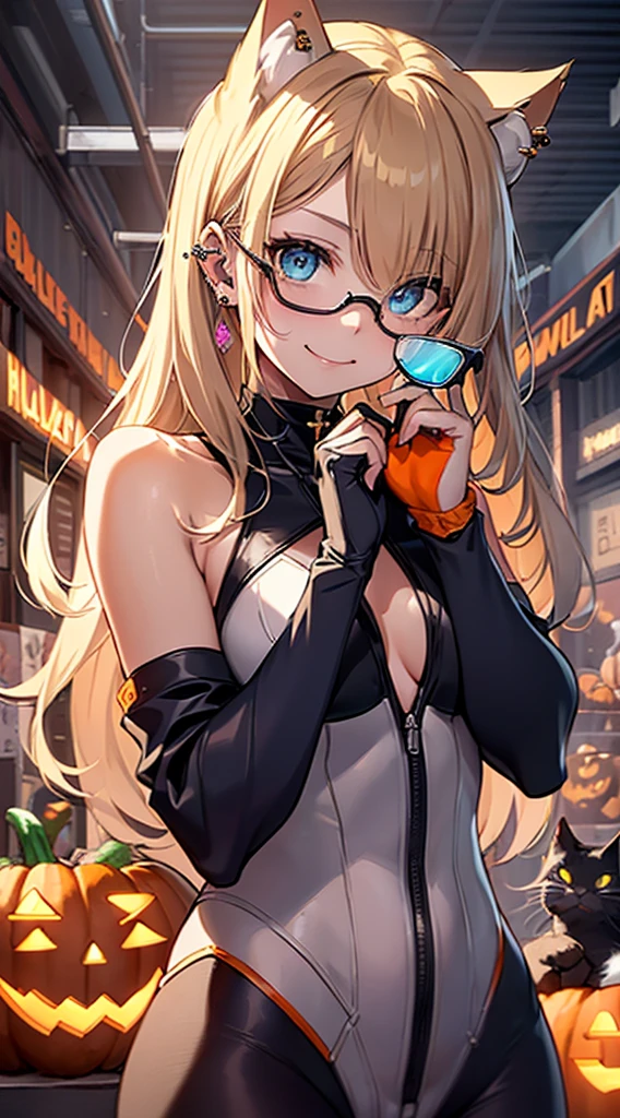top-quality、Top image quality、in 8K,4K,masterpiece、(NSFW:1.2)、ultra-detailliert、Beautiful、ultra-quality、cute little、Style like a model、girl with(((18year old、cat ear、Halloween Costumes:1.3、zero suit、Bust 92、a blond、Straight hair around the shoulders、Blue eyes、eye glass、Happiness、Ear-piercing)))、hiquality、visualart、Background with((Halloween:1.2))、masutepiece、bustup