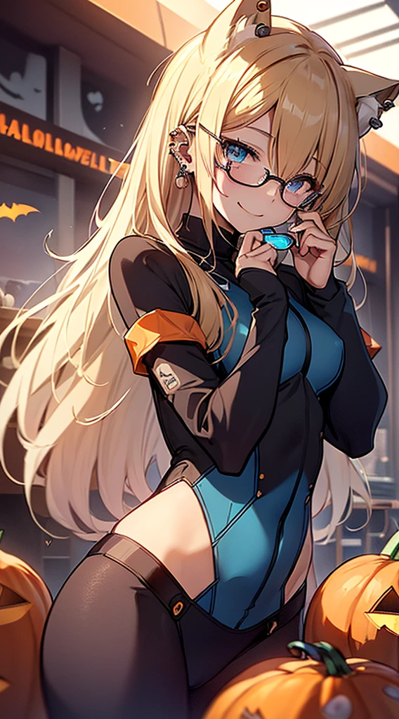 top-quality、Top image quality、in 8K,4K,masterpiece、(NSFW:1.2)、ultra-detailliert、Beautiful、ultra-quality、cute little、Style like a model、girl with(((18year old、cat ear、Halloween Costumes:1.3、zero suit、Bust 92、a blond、Straight hair around the shoulders、Blue eyes、eye glass、Happiness、Ear-piercing)))、hiquality、visualart、Background with((Halloween:1.2))、masutepiece、bustup