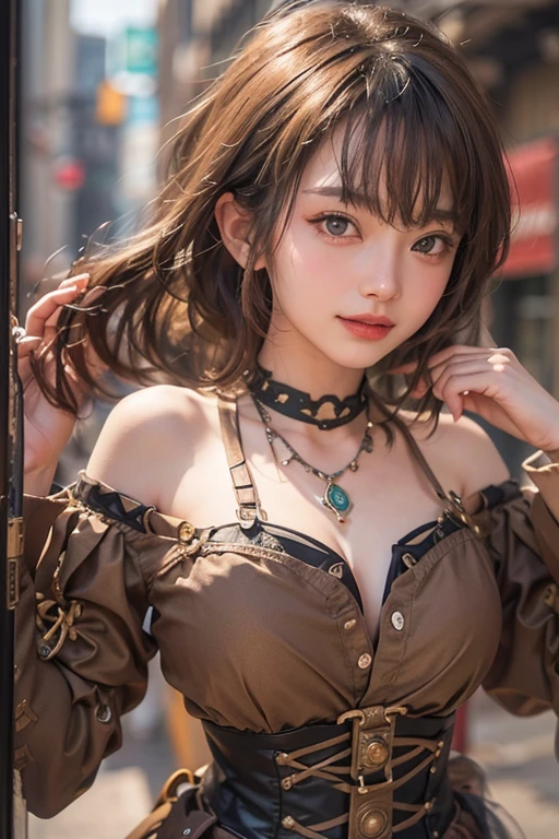 (masterpiece:1.3), (8k, Realistic, RAW Photos, Best image quality: 1.4), Japanese 、26 years old,(Random Hairstyles:1.2)、Cleavage:1.2、Highly detailed face、Attention to detail、double eyelid、Chest to chest、Sharp focus:1.2、Beautiful woman:1.4、Light brown hair、Highest quality、masterpiece、Ultra-high resolution、(Realistic:1.4)、Highly detailed and professionally lit smiles、Loose fitting steampunk outfit、Shoulder out、thin、Serious expression、Holding a gorgeous necklace in her right hand, In the city、Eat dinner