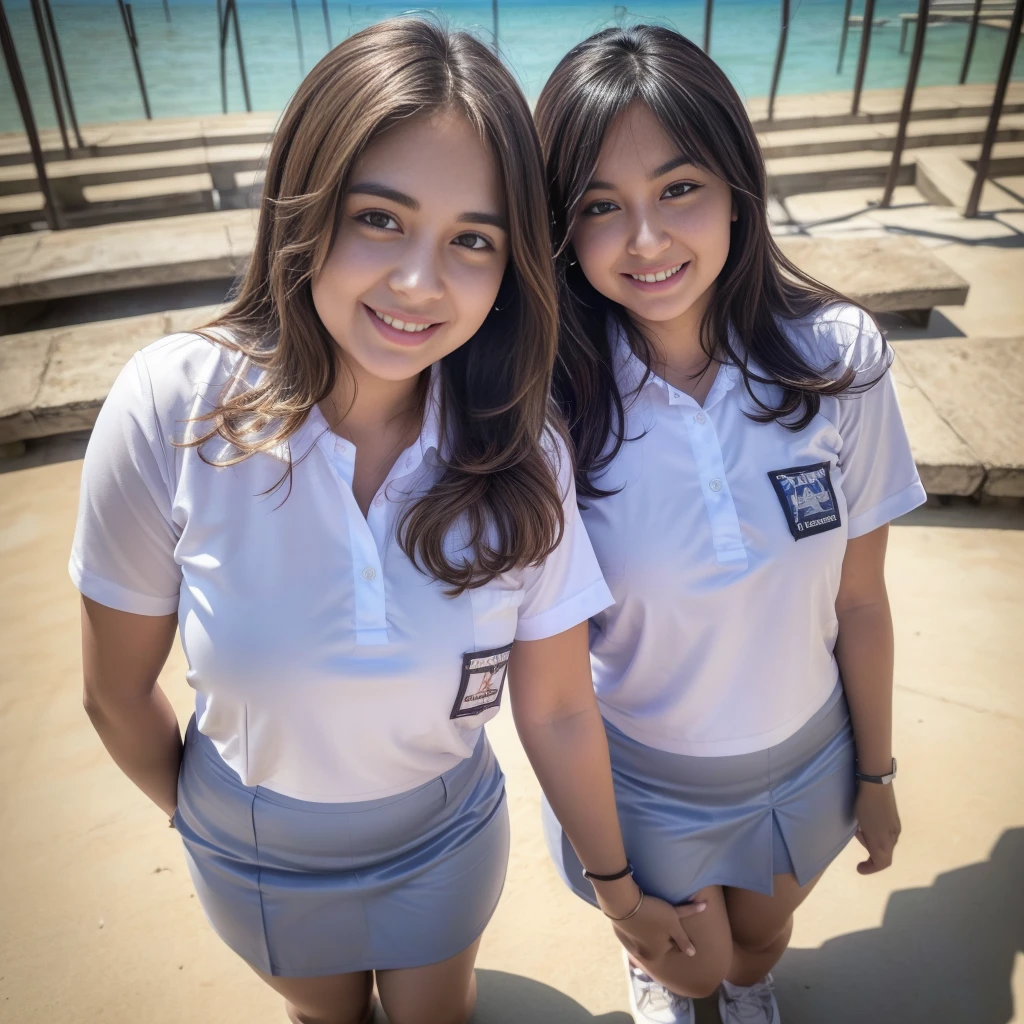 1girl, solo, (uniform), at the beach, beautiful realistic city scenery at the background, above head, cute little smile, thick breasts, smooth skin, tight white shirt, grey blue short skirt, looking at the audience, (ultra high angle shot:1.4), (8k, RAW photo, best quality, masterpiece: 1.3), (realistic, realistic: 1.37), ultra-high resolution, cowboy