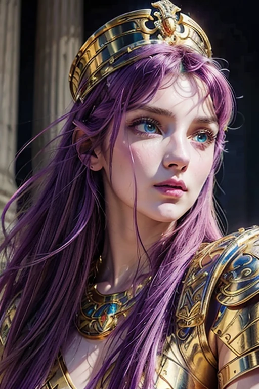 a pretty young woman with purple hair, beautiful detailed eyes, beautiful detailed lips, extremely detailed face, long eyelashes, portrait, greek goddess, athena goddess of wisdom and war, intricate ornate armor, elegant flowing dress, dramatic lighting, cinematic composition, digital painting, vibrant colors, masterpiece, photorealistic, hyperrealistic, 8k, best quality