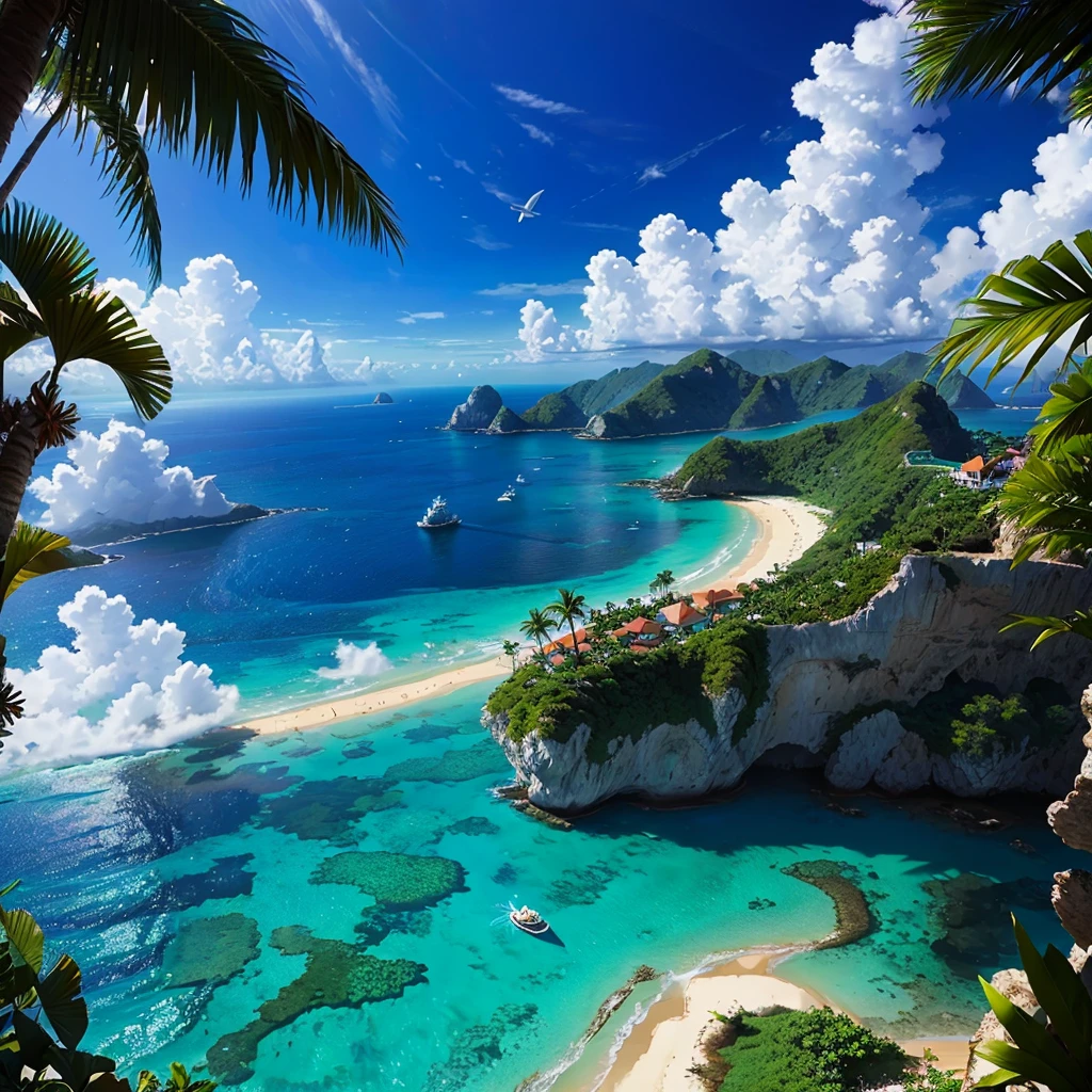 Mysterious Ocean，Nature，Emerald green，Resort，Multidimensional，High Dimension，Anime style，Anime Art，Paradise，Palm tree，romantic，Dream world，Great view，A world beyond imagination，Great Heaven，Different world，Best Quality，8k，masterpiece，Floating on the sea，The highest view