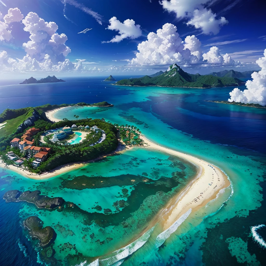 Mysterious Ocean,Nature,Emerald green,Resort,Multidimensional,High Dimension,Anime style,Anime Art,Paradise,Palm tree,romantic,Dream world,Great view,A world beyond imagination,Great Heaven,Different world,Best Quality,8k,masterpiece,Floating on the sea,The highest view