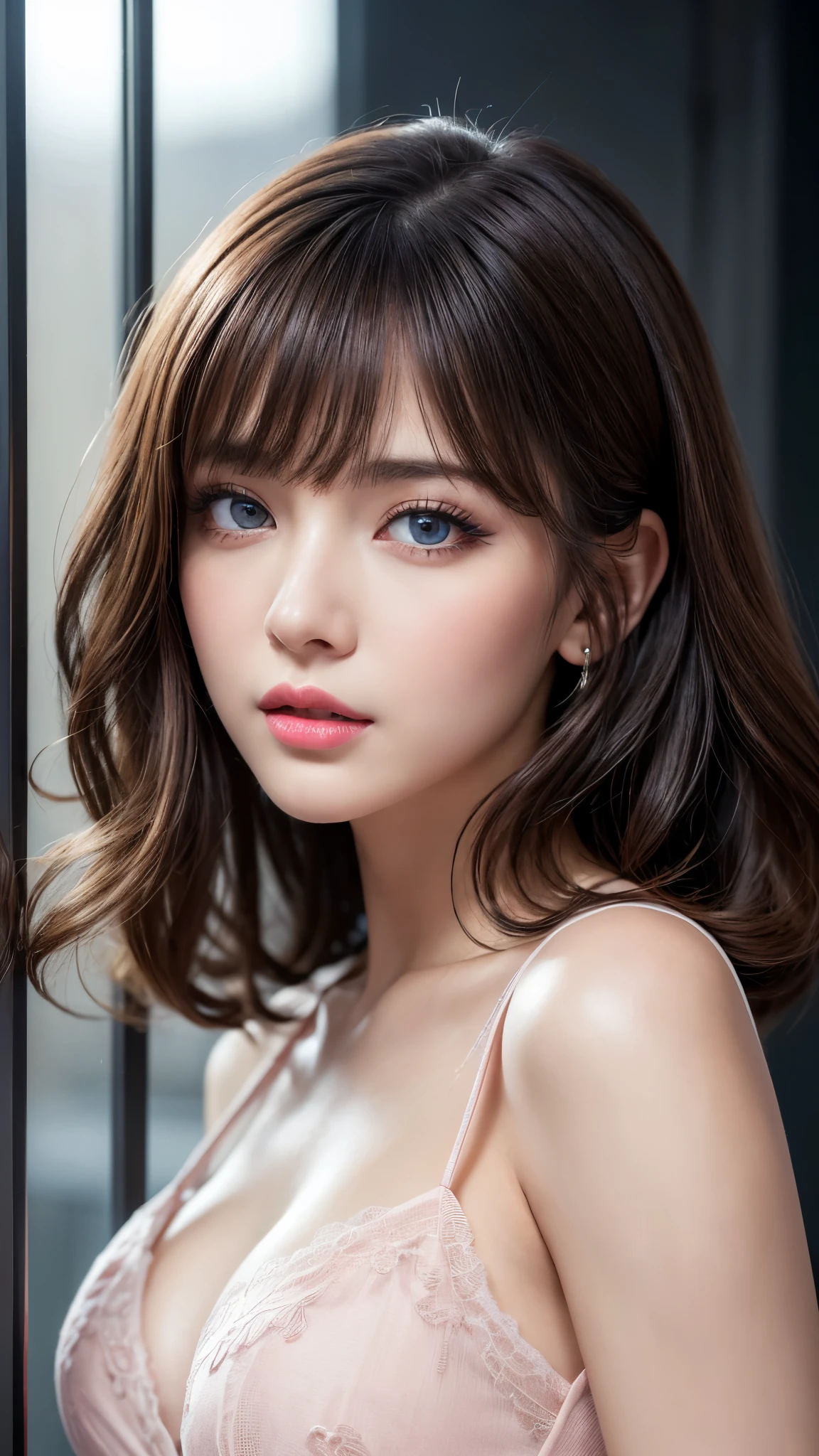 (best quality,8k,High resolution,masterpiece:1.2)，Digital artwork，a stylish woman，beautiful adult lady，Thirty years，portrait，Detailed face，delicate eyes，long curly hair，side swept bangs，blue eyes，Pink lips，Sheer dress，see through dress，8k分辨率，High-quality CG，fair