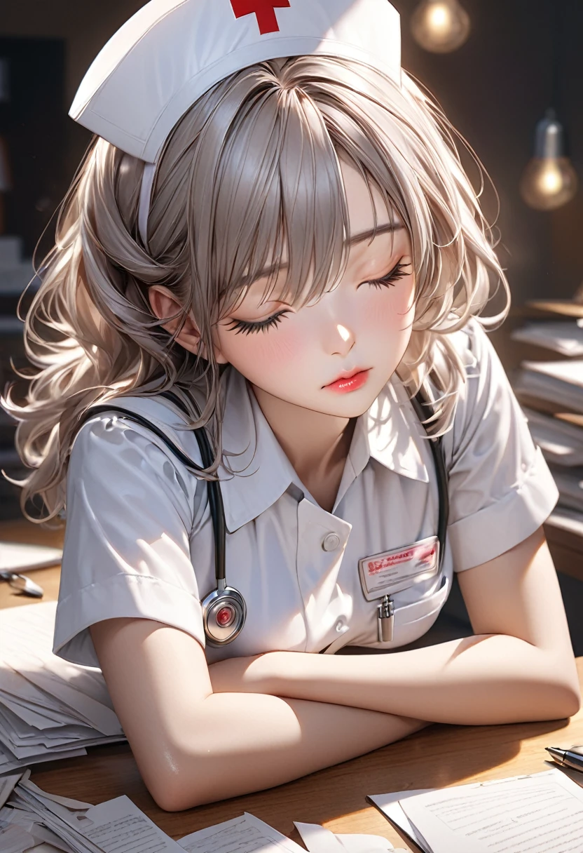 Cute nurse girl, leaning face down on the desk and looking sleepy, exhausted, detailed closed eyes, beautiful detailed lips, highly detailed face, long eyelashes, calm expression, white uniform, nurse cap, crumpled up desk, scattered documents, warm lighting, soft hazy background, (best) quality, 4k, 8k, high resolution, masterpiece: 1.2), super detailed, (realistic, photorealistic, photorealistic: 1.37), cowboy-shot