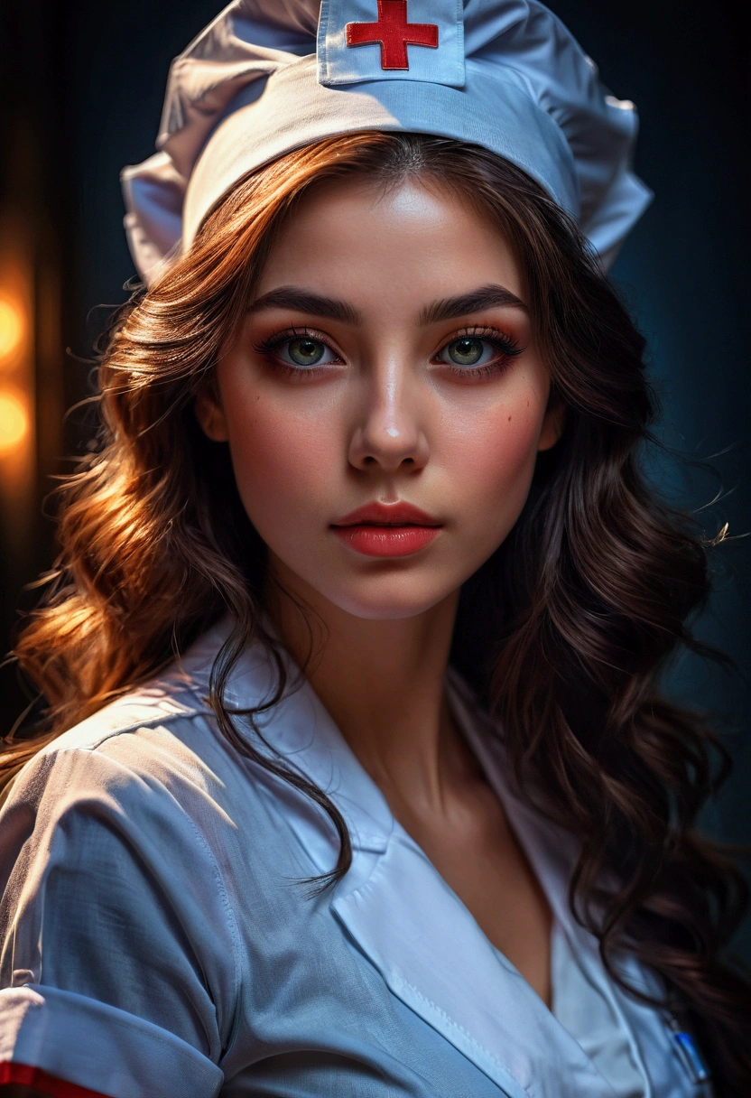 1girl, Nurse, a beautiful nurse, beautiful detailed eyes, beautiful detailed lips, extremely detailed face and portrait, longeyelashes, (4k,8k,highres:1.2), ultra-detailed, HDR, UHD, studio lighting, ultra-fine painting, sharp focus, physically-based rendering, extreme detail description, professional, vivid colors, bokeh, portrait, cinematic lighting, warm color tones, glowing skin, masterpiece, best quality, very aesthetic, absurdres